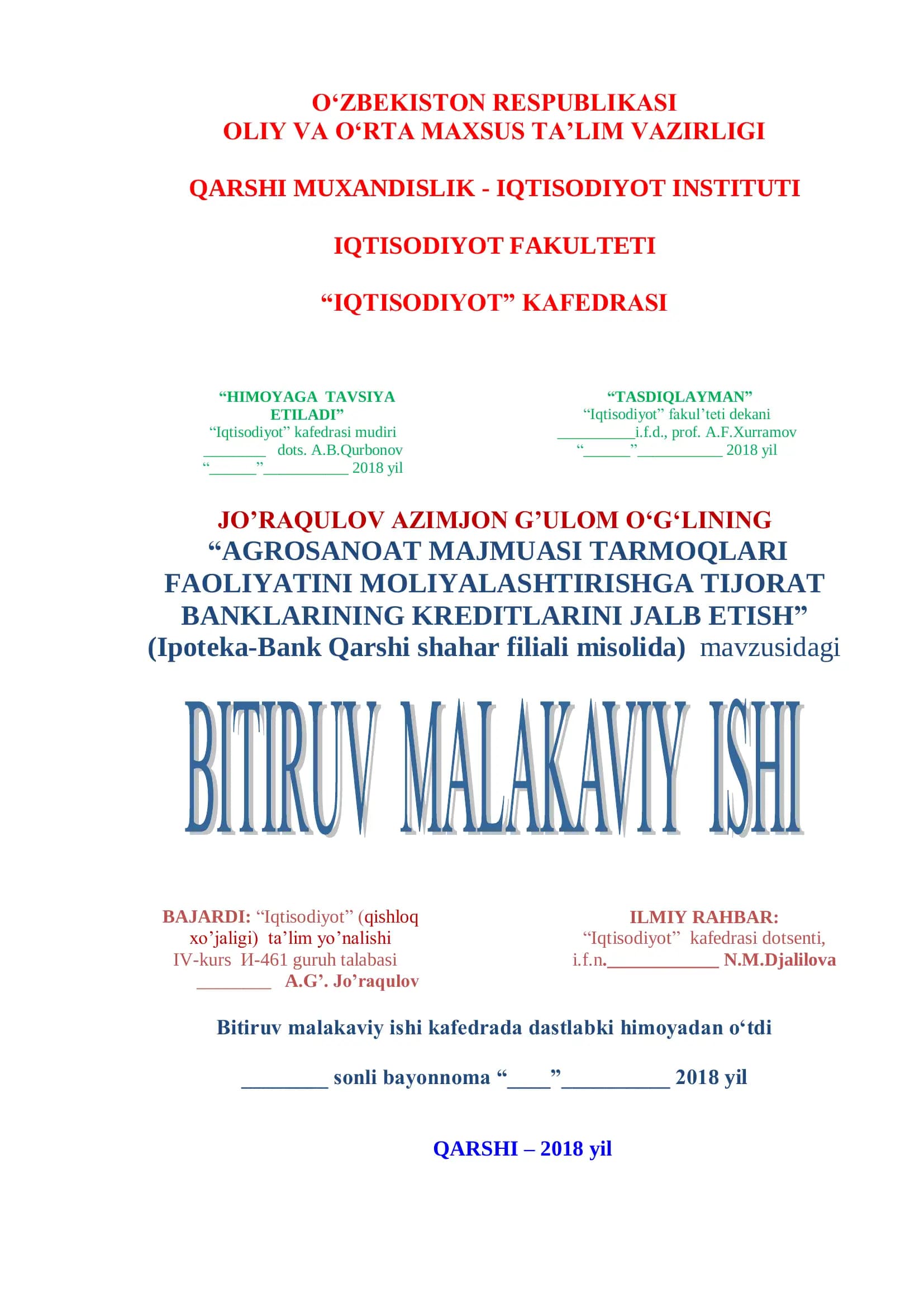 AGROSANOAT MAJMUASI TARMOQLARI FAOLIYATINI MOLIYALASHTIRISHDA TIJORAT BANKLARINING KREDITLARINI JALB ETISH