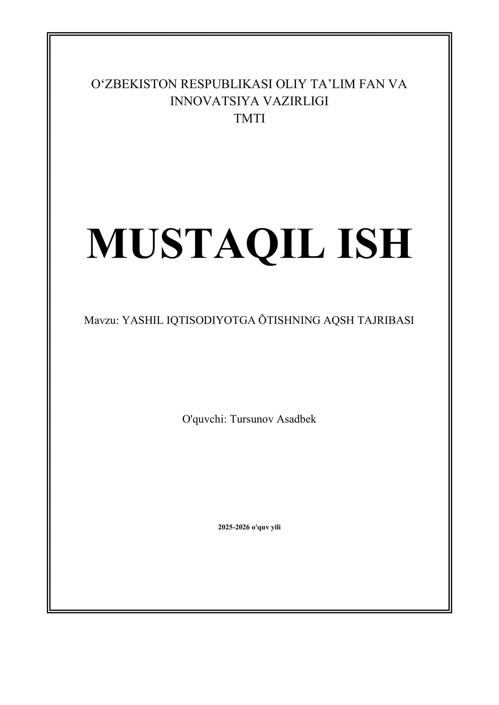 YASHIL IQTISODIYOTGA ÕTISHNING AQSH TAJRIBASI