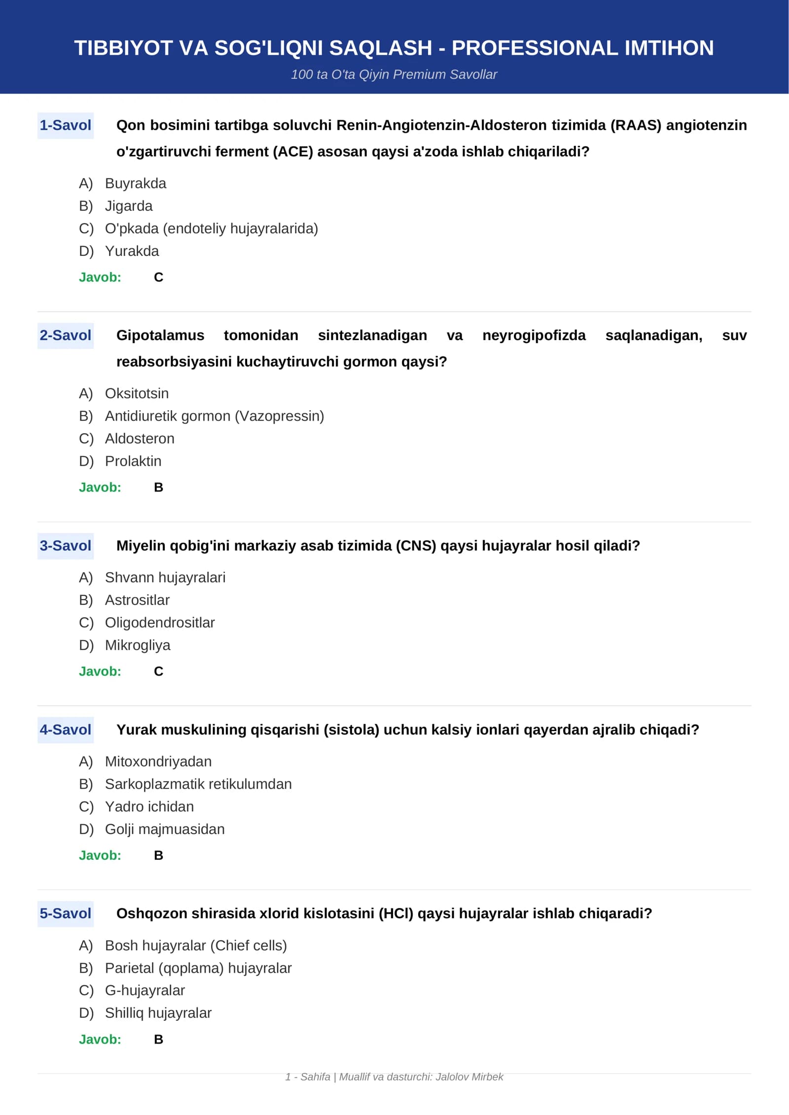 TIBBIYOT VA SOG'LIQNI SAQLASH - PROFESSIONAL IMTIHON