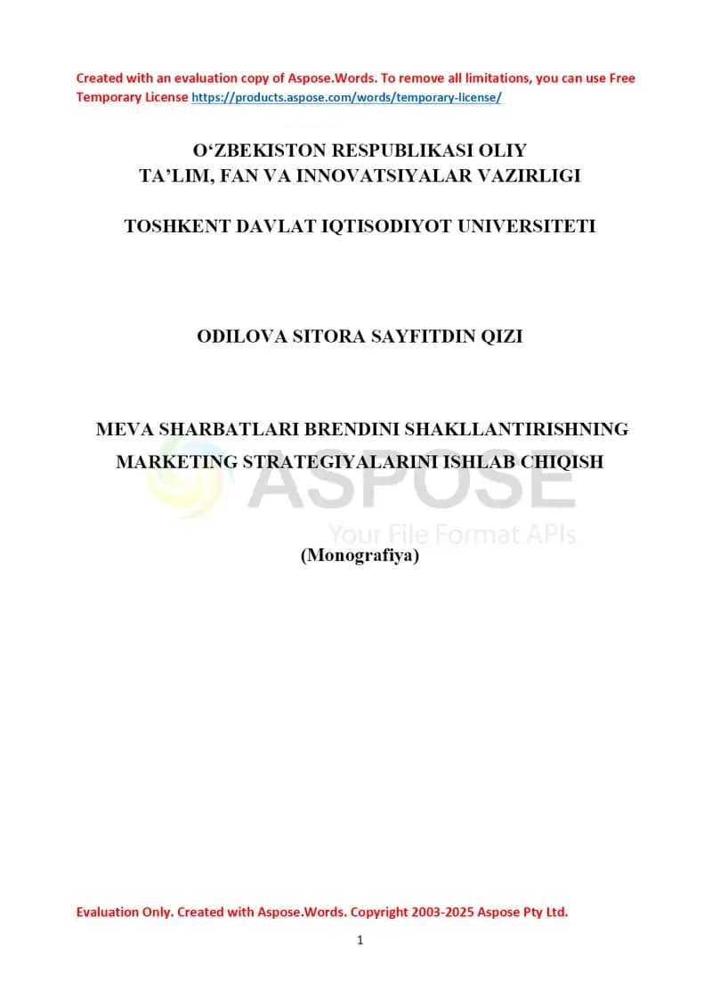 Monografiya “Meva sharbatlari brendini shakllantirishning marketing strategiyalarini ishlab chiqish”