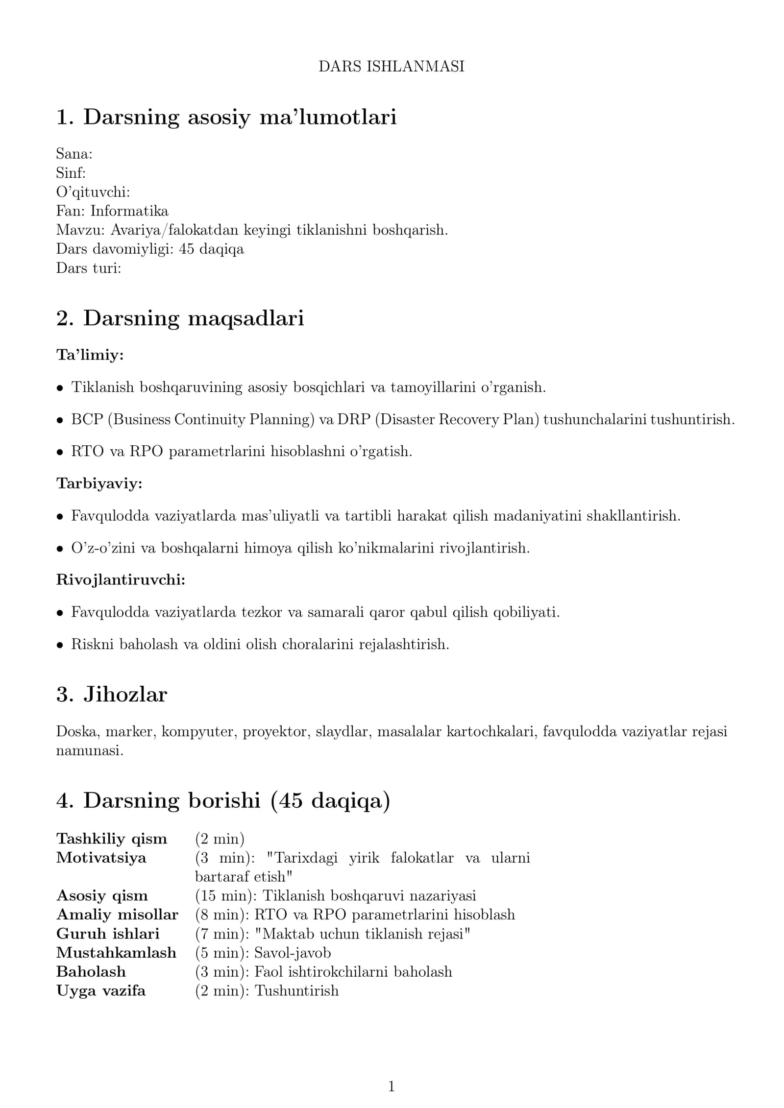 Avariya/falokatdan keyingi tiklanishni boshqarish