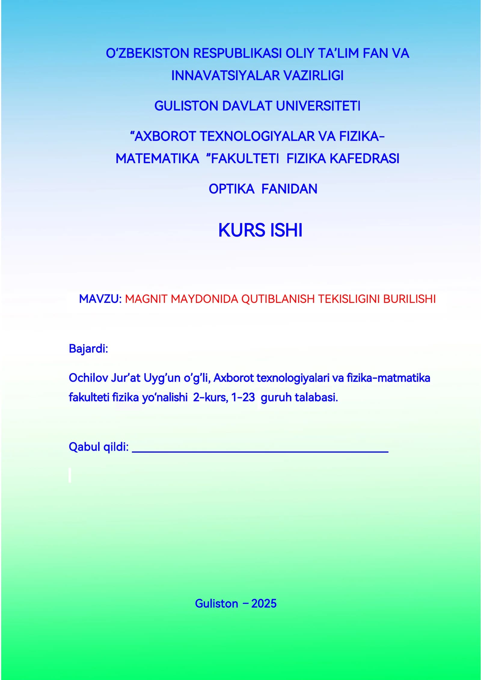 MAGNIT MAYDONIDA QUTIBLANISH TEKISLIGINI BURILISHI