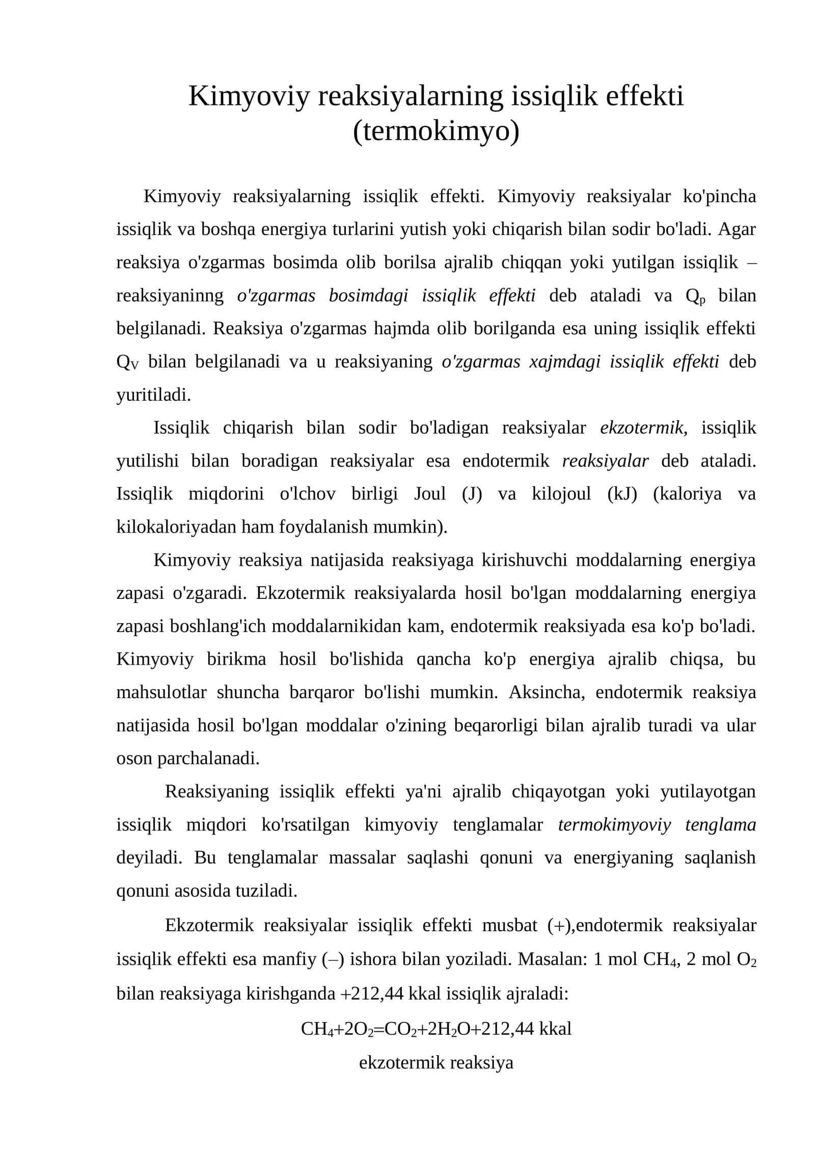 Kimyoviy reaksiyalarning issiqlik effekti (termokimyo)