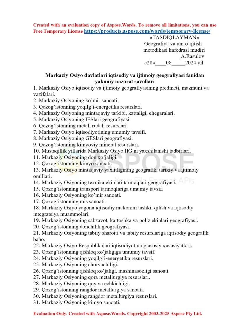 Markaziy Osiyo davlatlari iqtisodiy va ijtimoiy geografiyasi fanidan yakuniy nazorat savollari