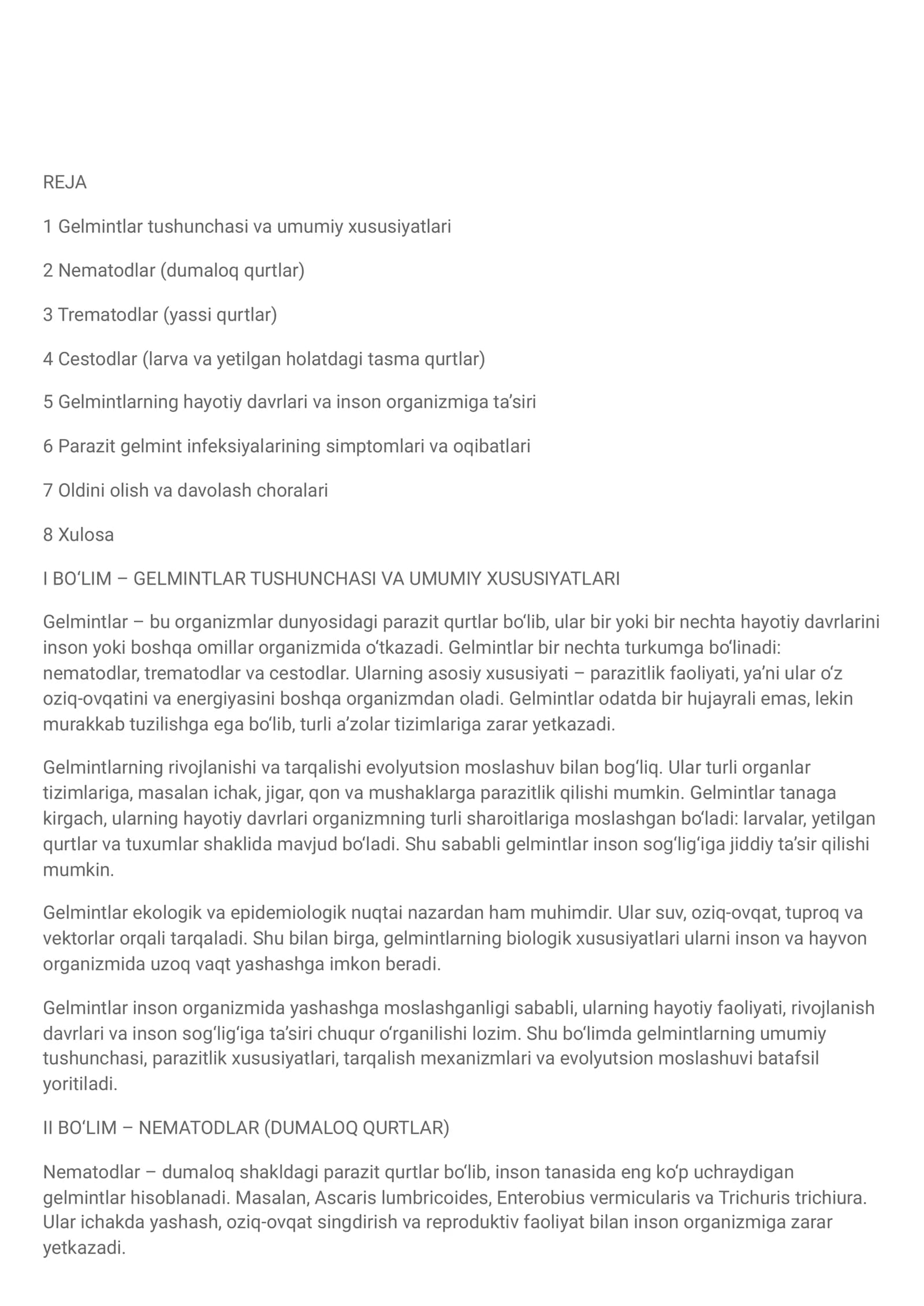 Gelmintlar tushunchasi va umumiy xususiyatlari