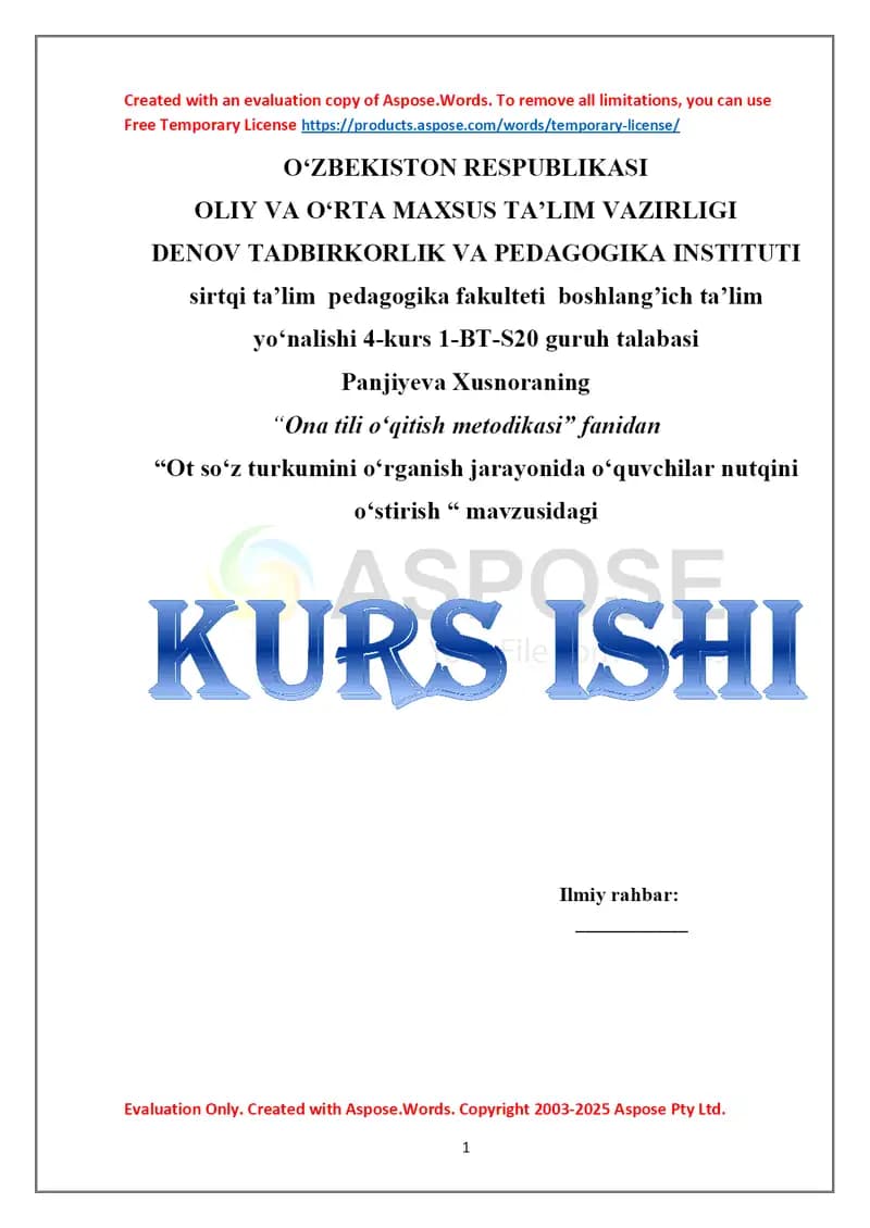 Ot so‘z turkumini o‘rganish jarayonida o‘quvchilar nutqini o‘stirish