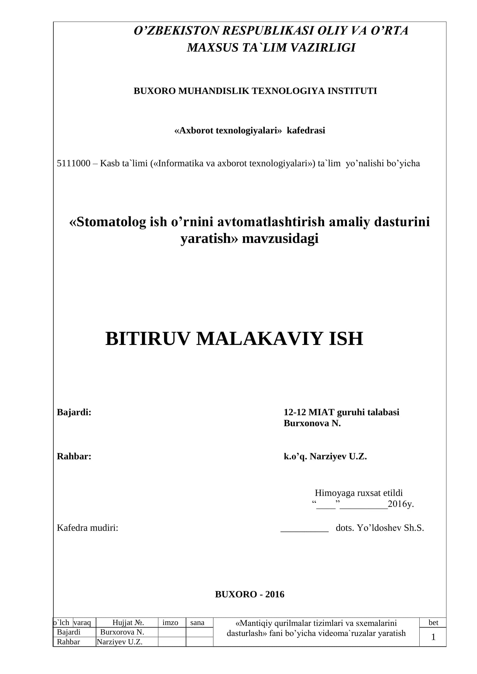 Stomatolog ish o`rnini avtomatlashtirish amaliy dasturini yaratish