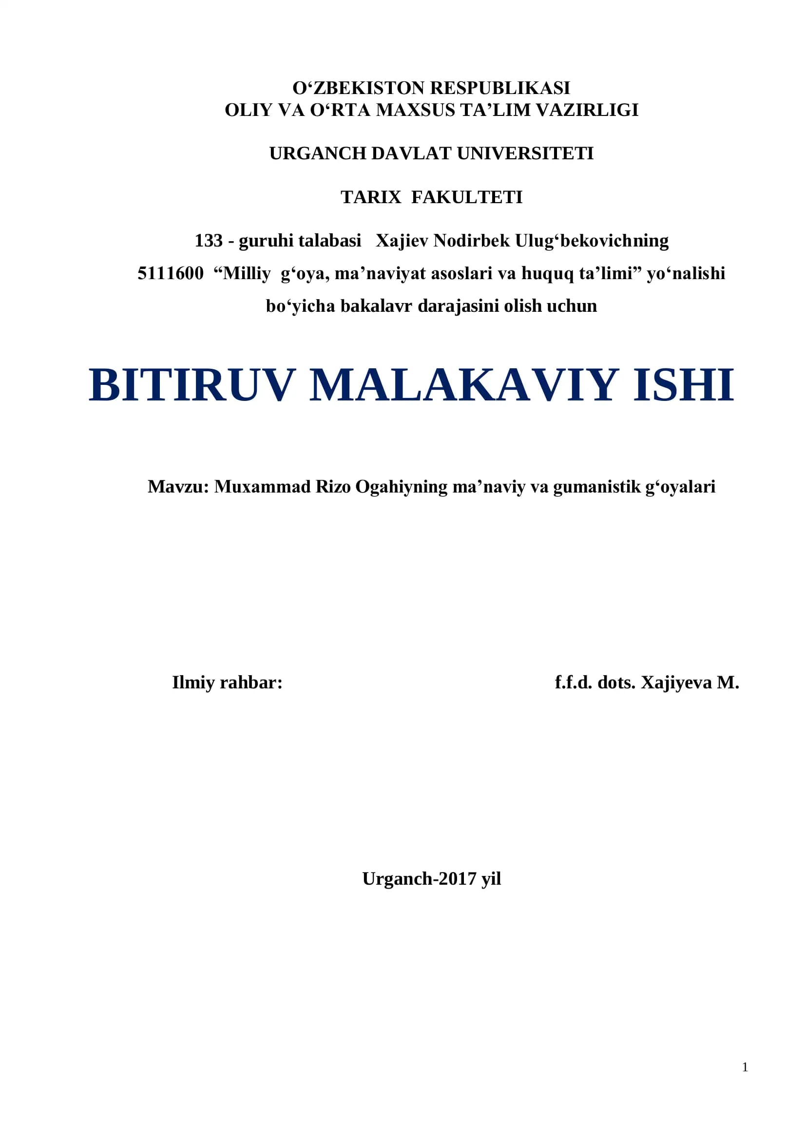 Muxammad Rizo Ogahiyning ma‟naviy va gumanistik g„oyalari