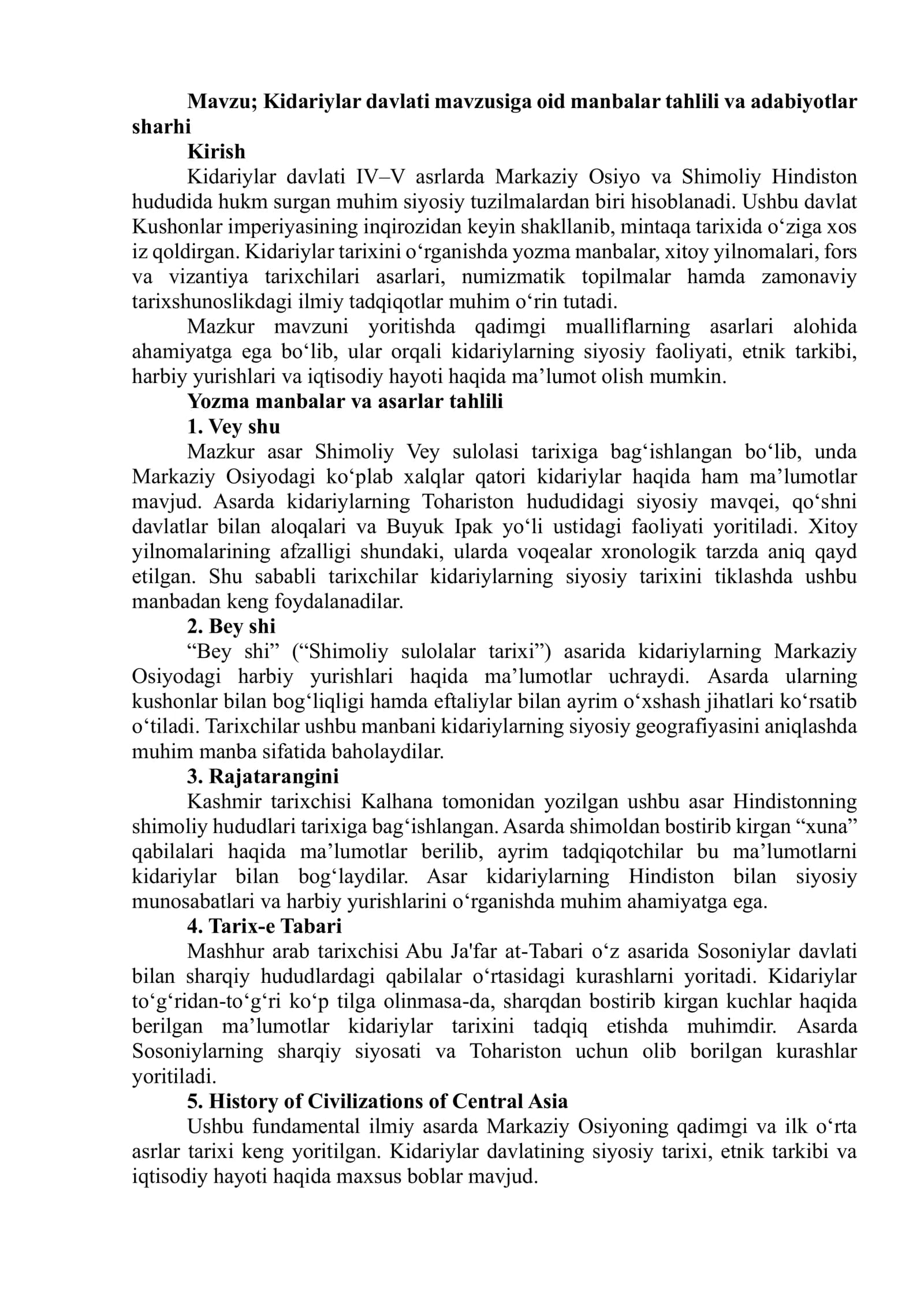 Kidariylar davlati mavzusiga oid manbalar tahlili va adabiyotlar sharhi