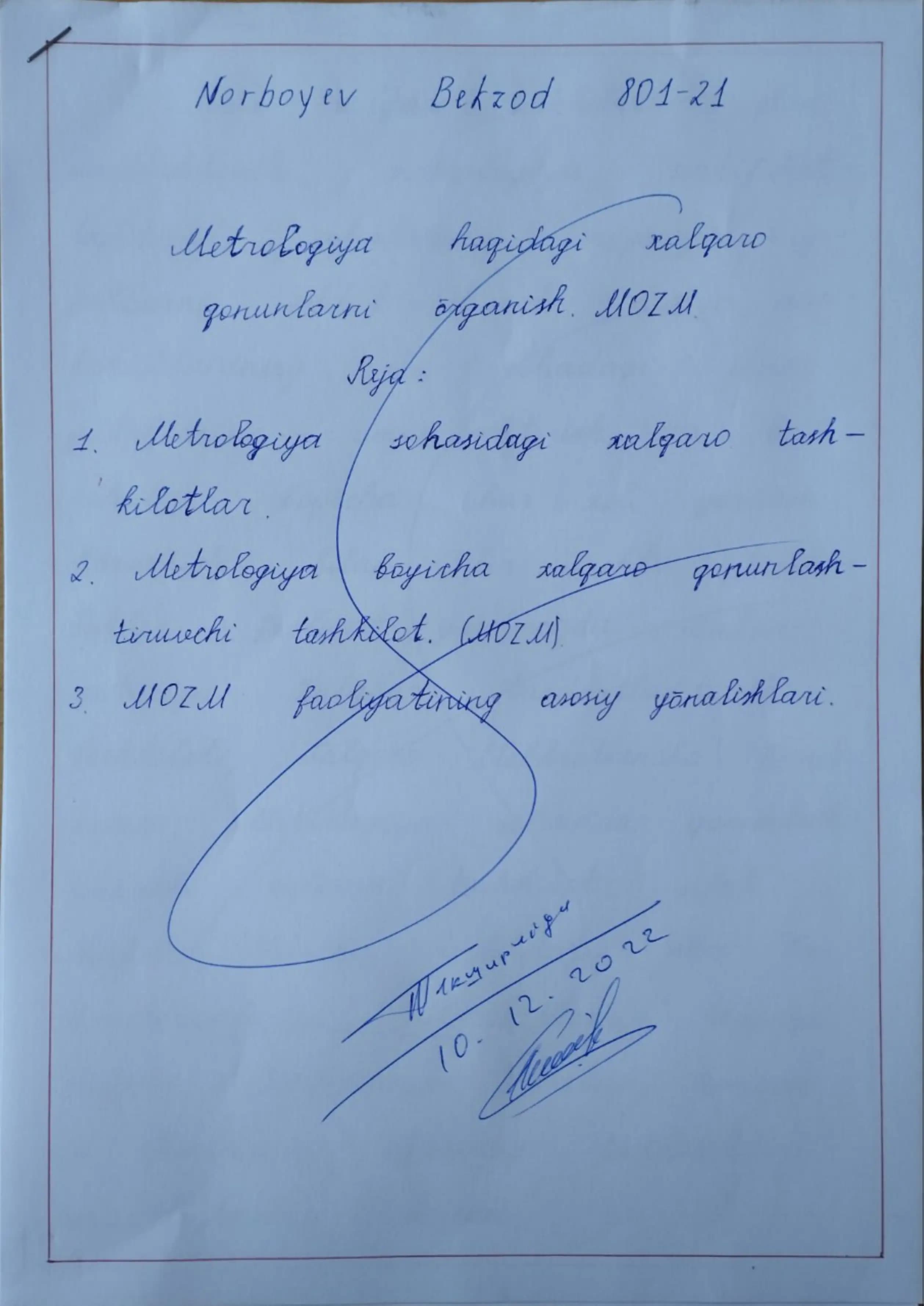 Metrologiya haqidagi xalqaro qonunlarni o'rganish. MOZM