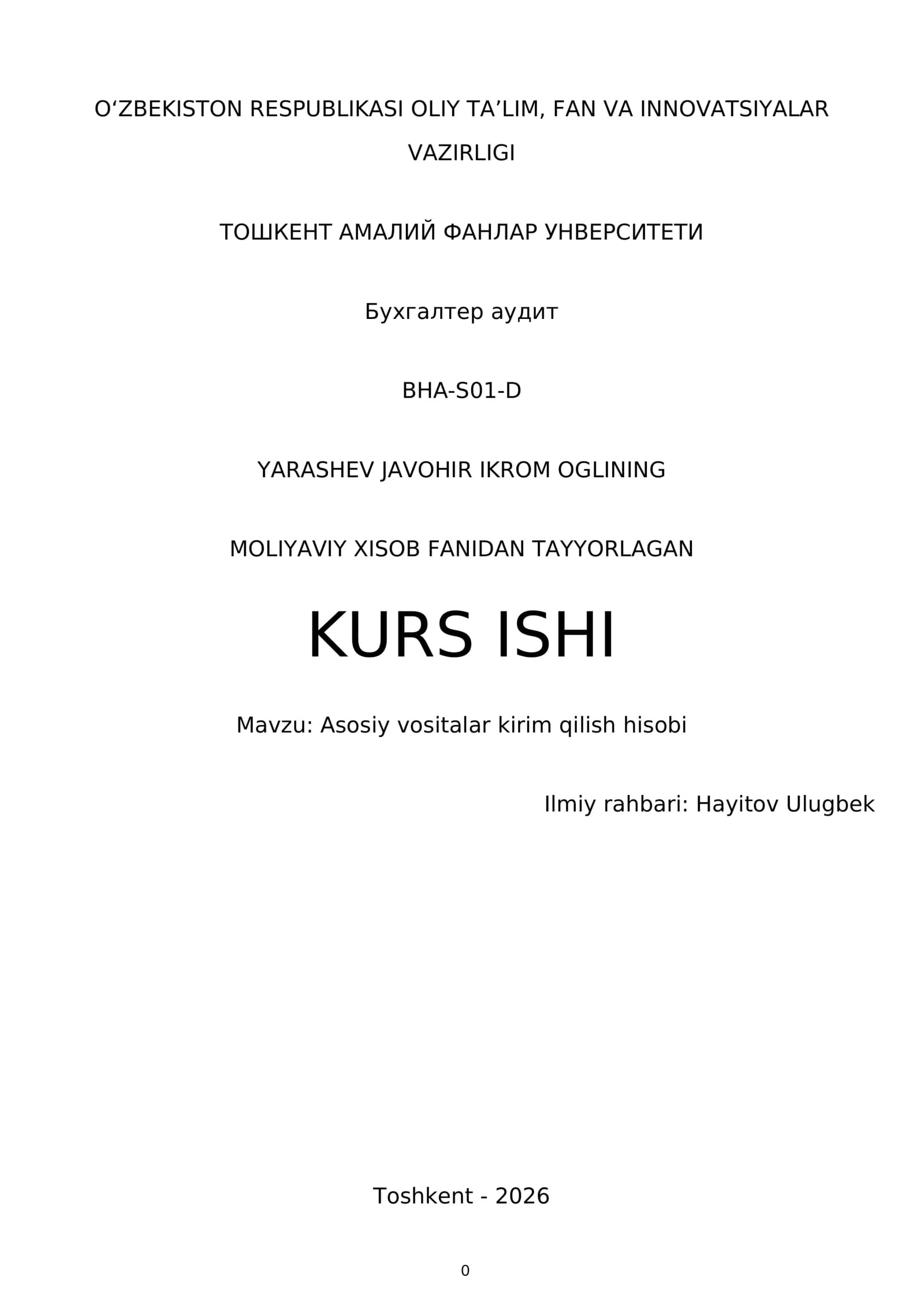 Asosiy Vositalar Kirim Qilish Hisobi