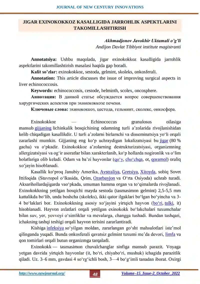 JIGAR EXINOKOKKOZ KASALLIGIDA JARROHLIK ASPEKTLARINI TAKOMILLASHTIRISH