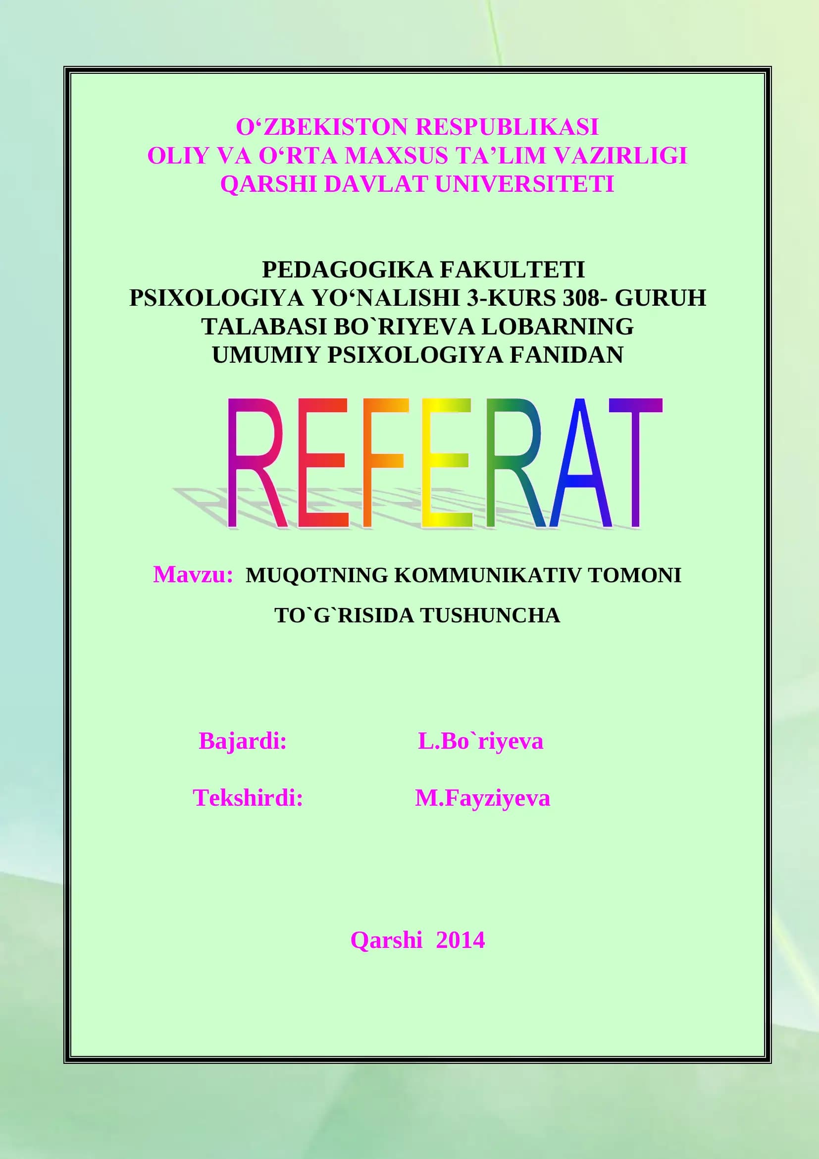 MUQOTNING KOMMUNIKATIV TOMONI TO`G`RISIDA TUSHUNCHA