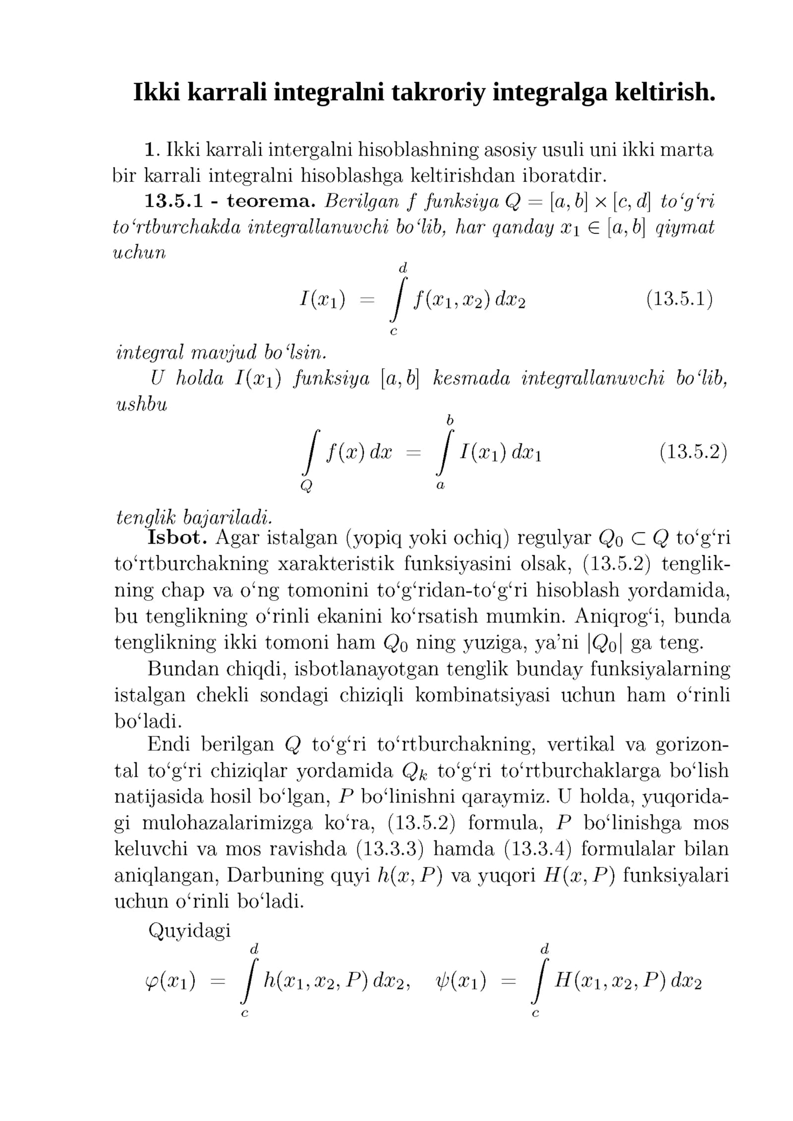 Ikki karrali integralni takroriy integralga keltirish