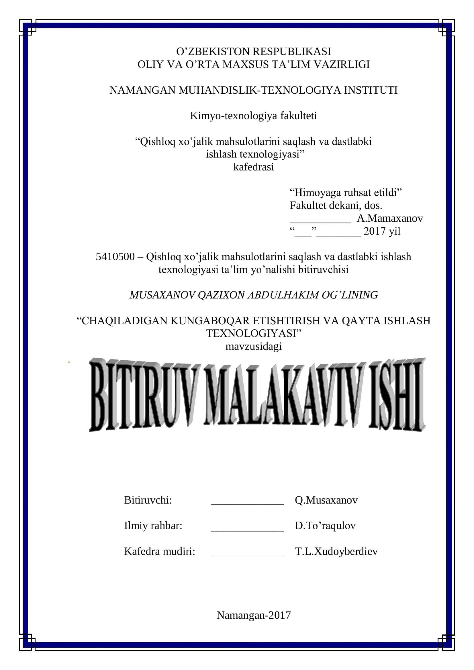 Qishloq xo‘jalik mahsulotlarini saqlash va dastlabki ishlash texnologiyasi