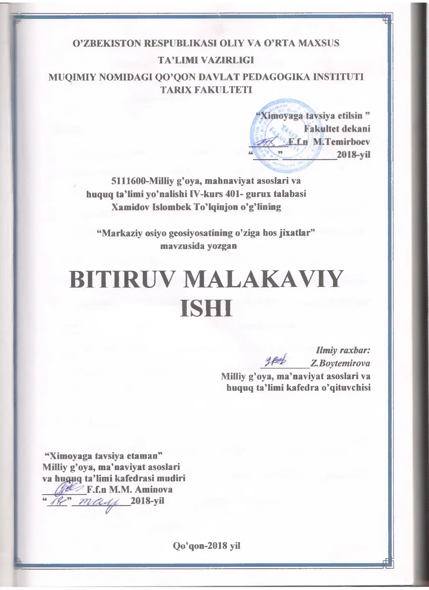 Milliy g’oya, mahnaviyat asoslari va huquq ta’limi vo’nalishi IV-kurs 401- gurux talahasi