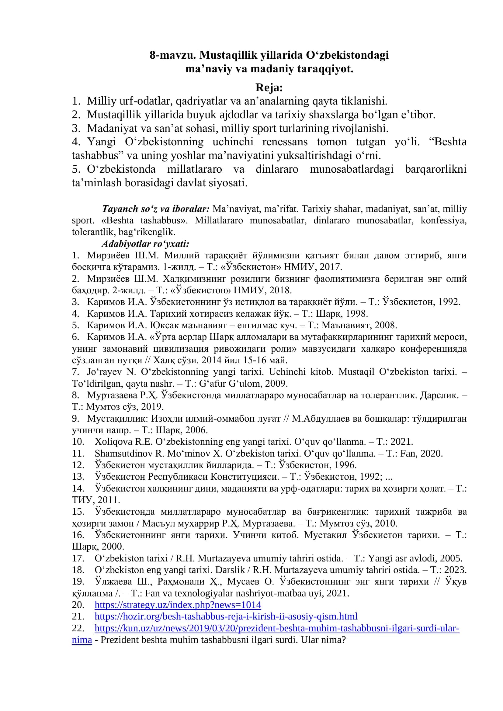 8-mavzu. Mustaqillik yillarida O‘zbekistondagi ma’naviy va madaniy taraqqiyot
