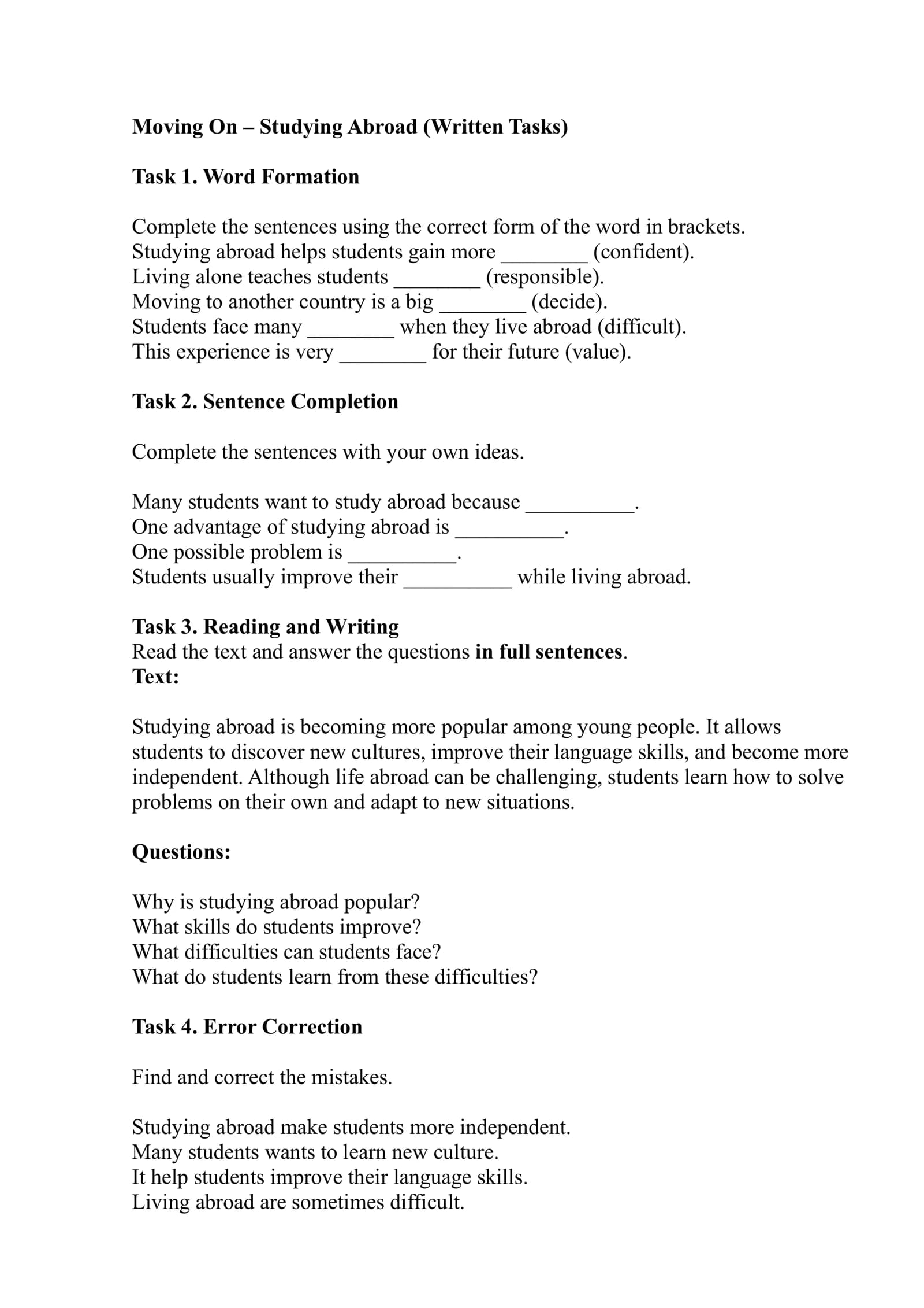 Moving On – Studying Abroad (Written Tasks)