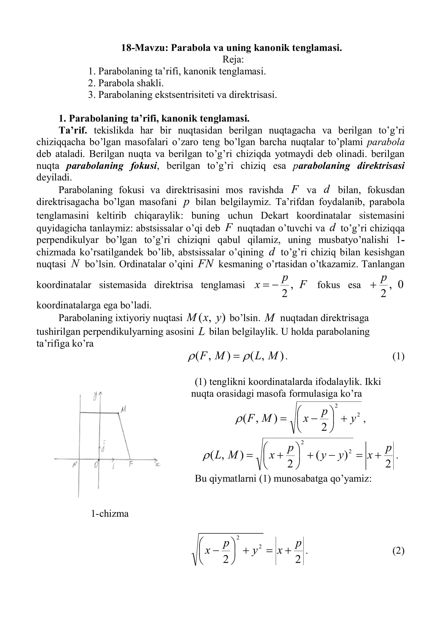 Parabola va uning kanonik tenglamasi