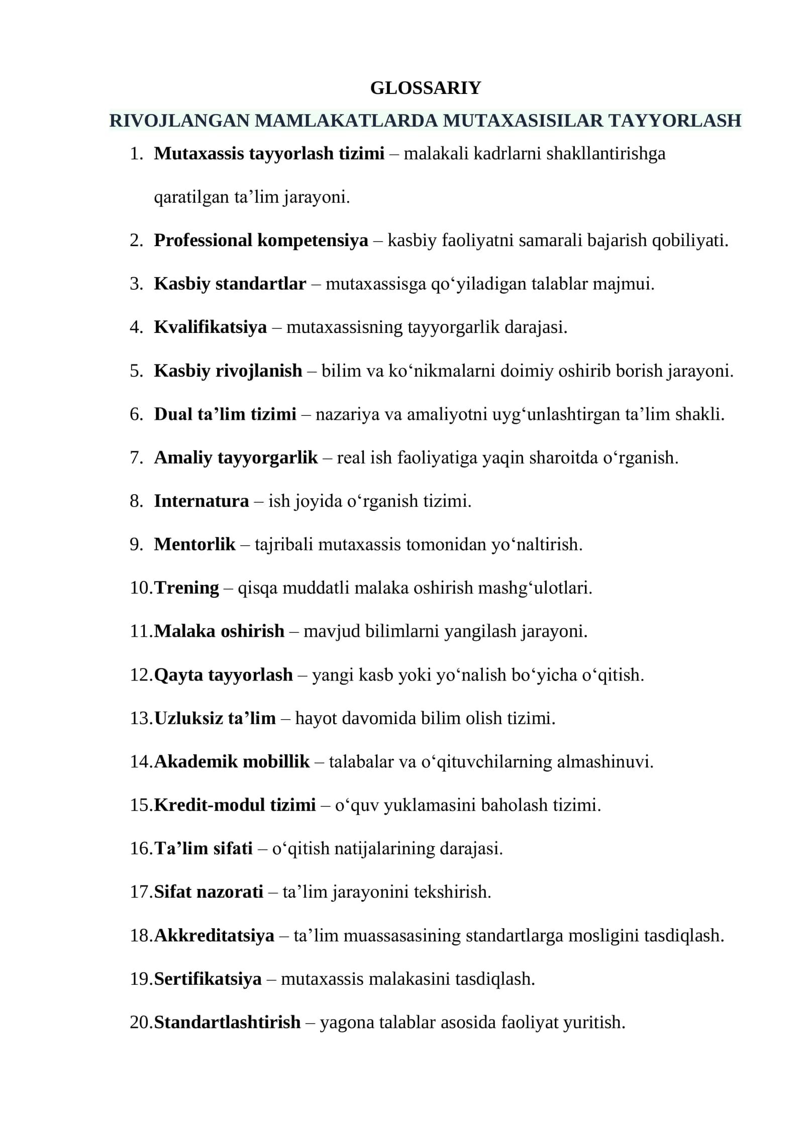 RIVOJLANGAN MAMLAKATLARDA MUTAXASISILAR TAYYORLASH