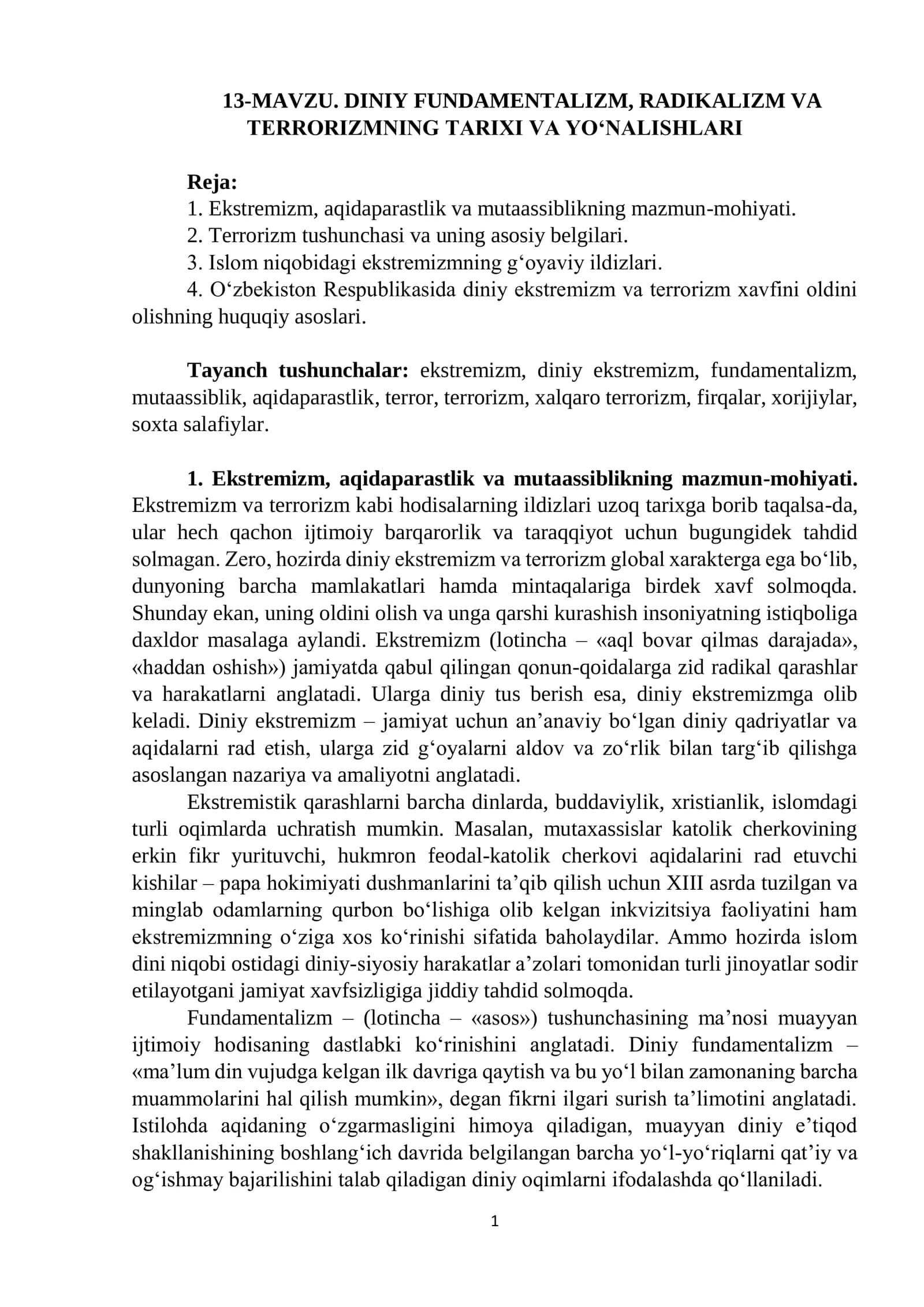 DINIY FUNDAMENTALIZM, RADIKALIZM VA TERRORIZMNING TARIXI VA YO‘NALISHLARI