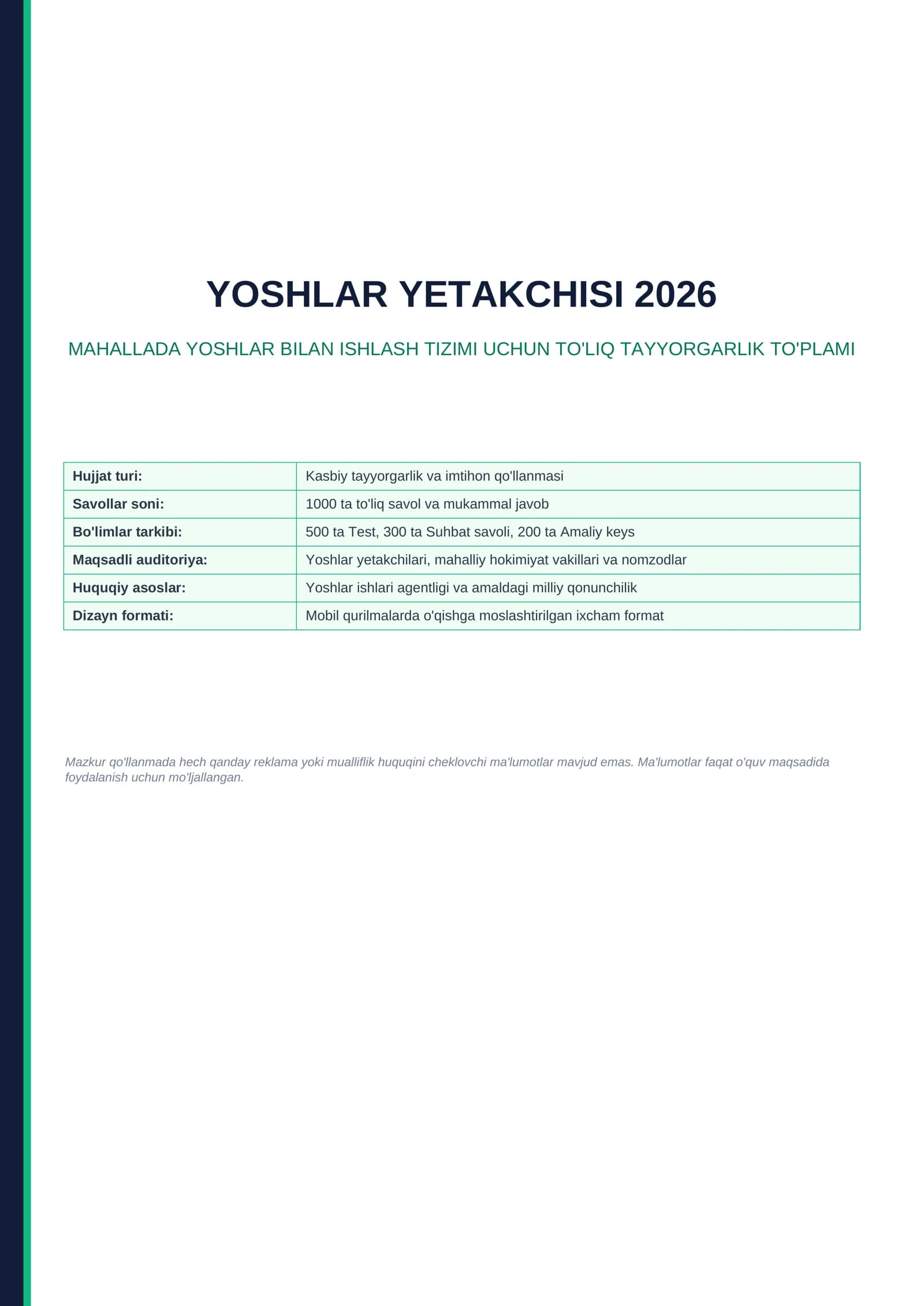 Yoshlar yetakchisi 2026 — 1000 ta test, suhbat va vaziyatli savollar