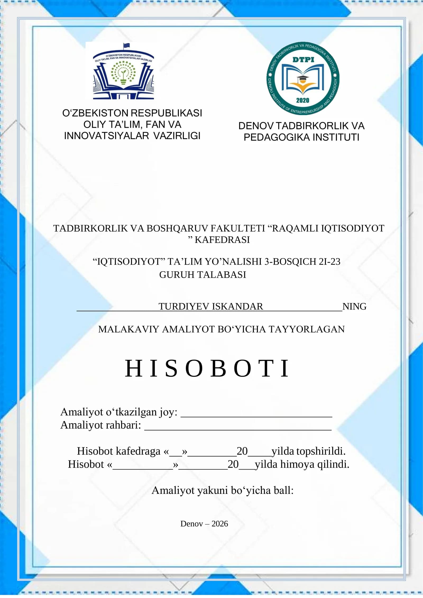 Denov tuman Omon el-denov”X/K o`z malakaviy amaliyoti Soliq tizimini