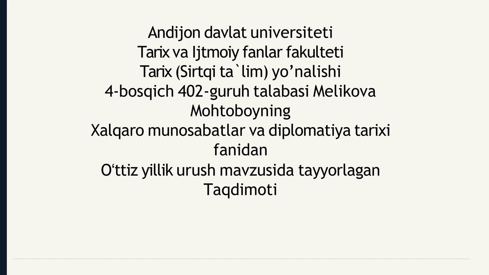 Oʻttiz yillik urush mavzusida tayyorlagan Taqdimoti