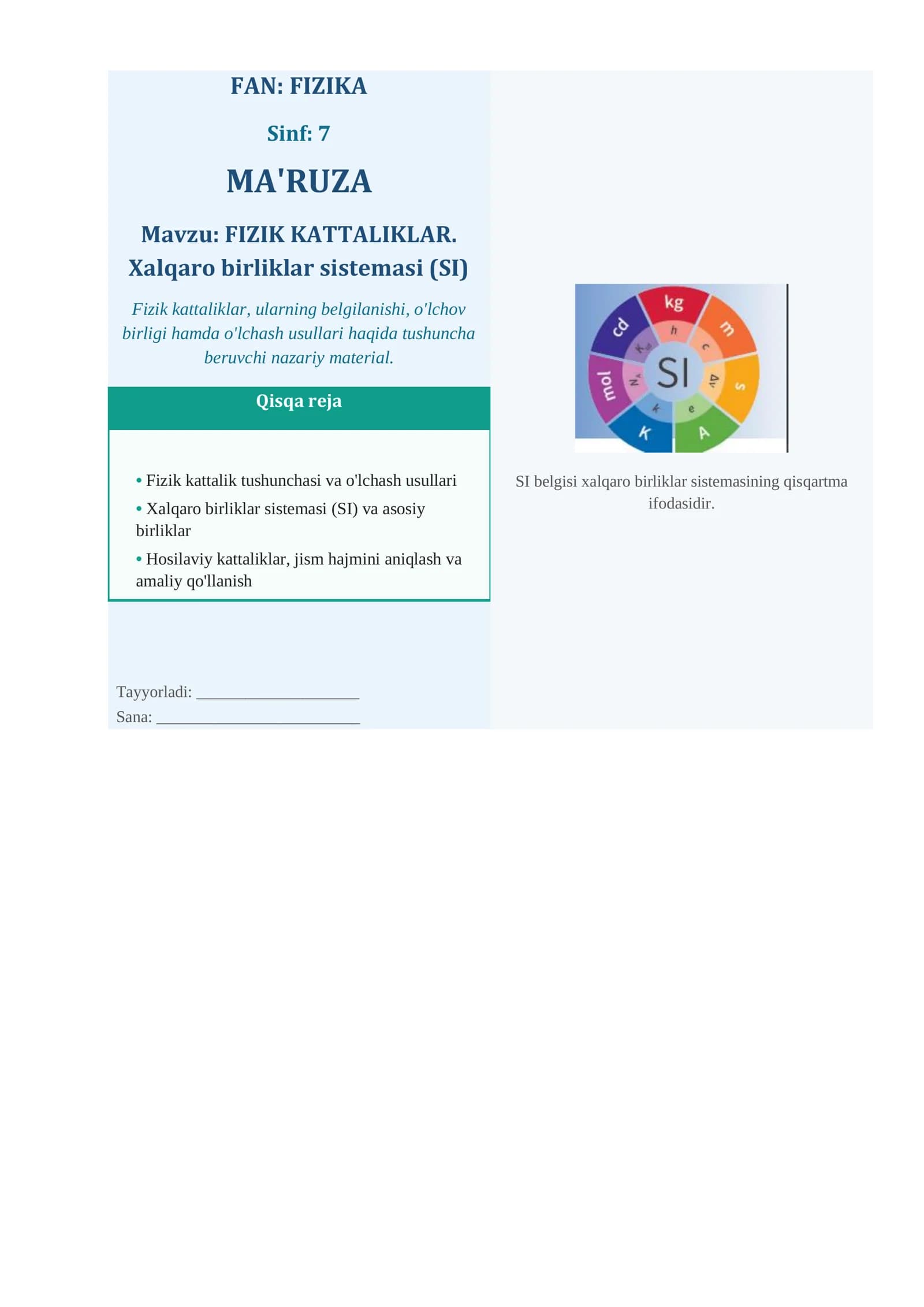 FIZIK KATTALIKLAR. Xalqaro birliklar sistemasi (SI)