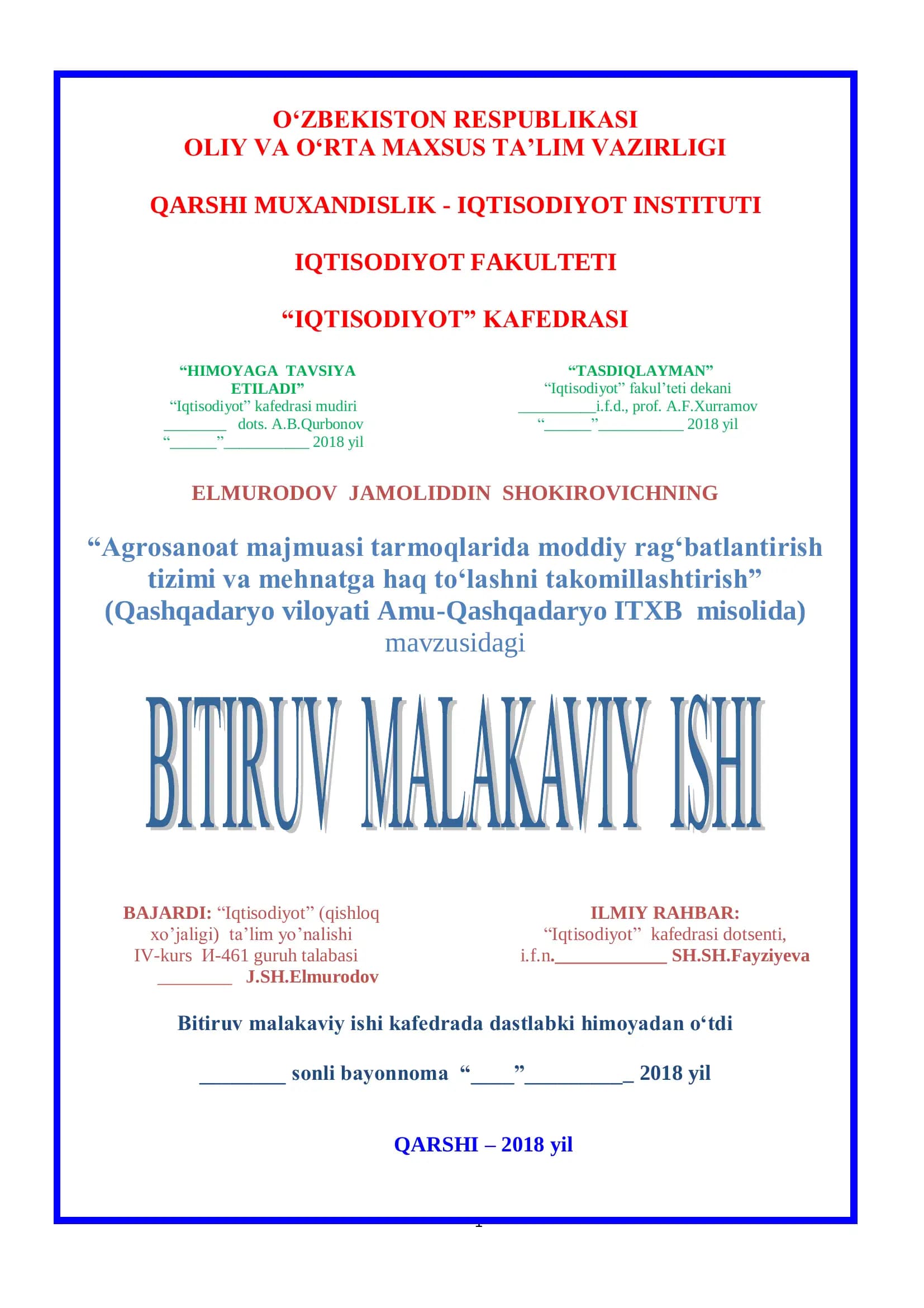 Agrosanoat majmuasi tarmoqlarida moddiy rag‘batlantirish tizimi va mehnatga haq to‘lashni takomillashtirish