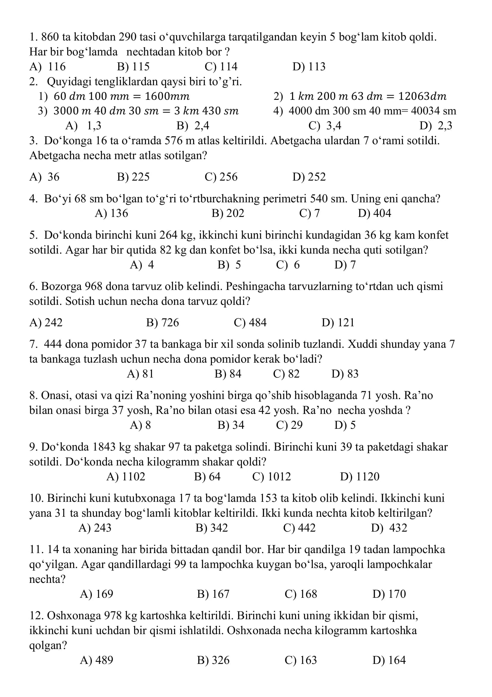 Matematikadan test 23 ta (3-4-sinf uchun)