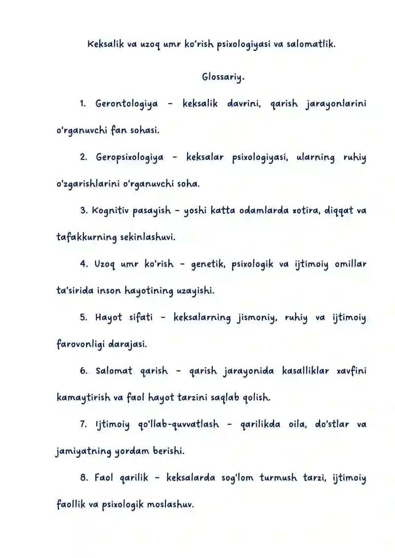 Keksalik va uzoq umr ko’rish psixologiyasi va salomatlik