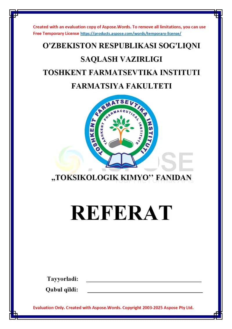 12. Zaharli moddalarning toksikokinetika va toksikodinamikasi. Referat 9 bet.