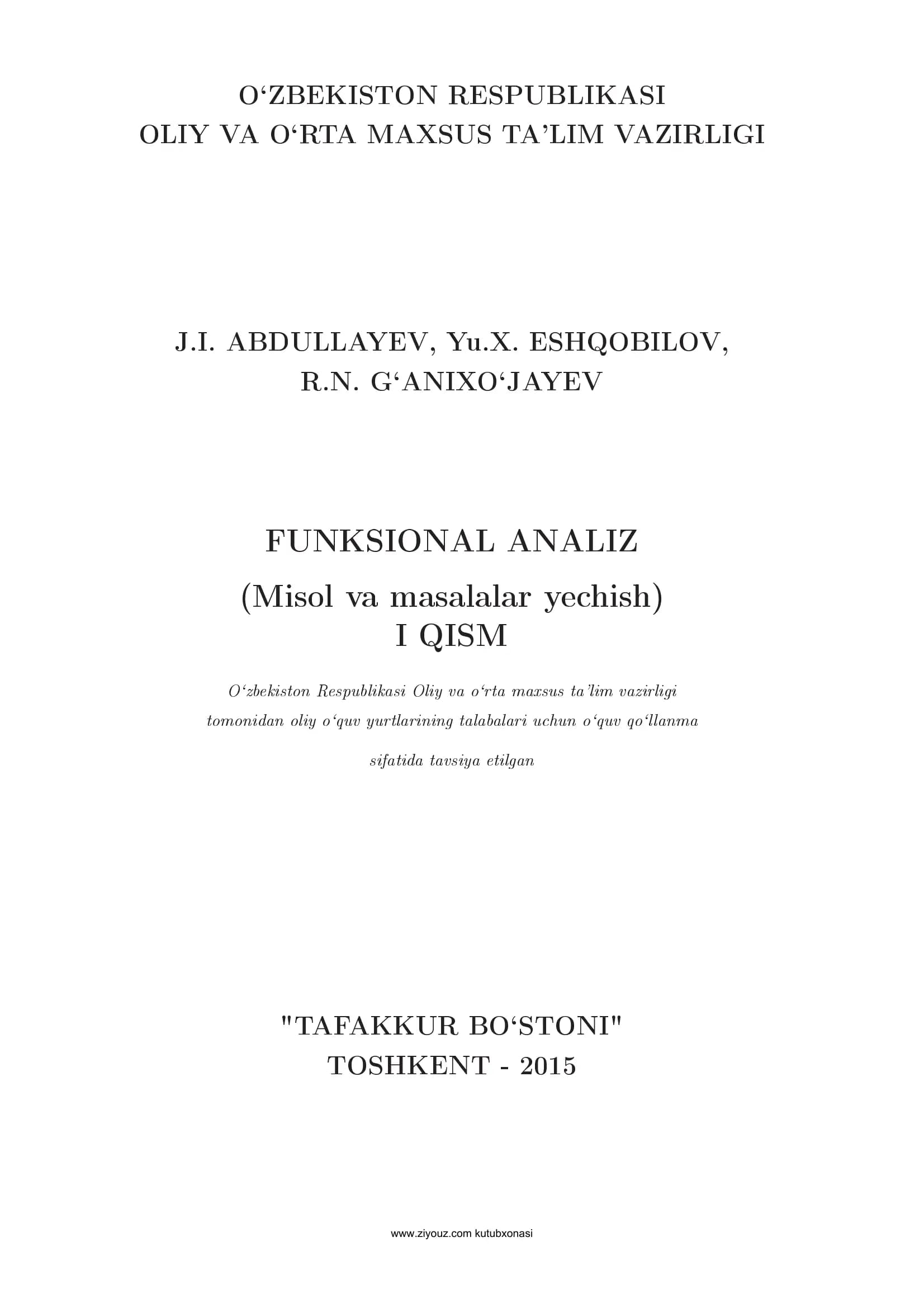 Funksional analiz (Misol va masalalar yechish) I-qism