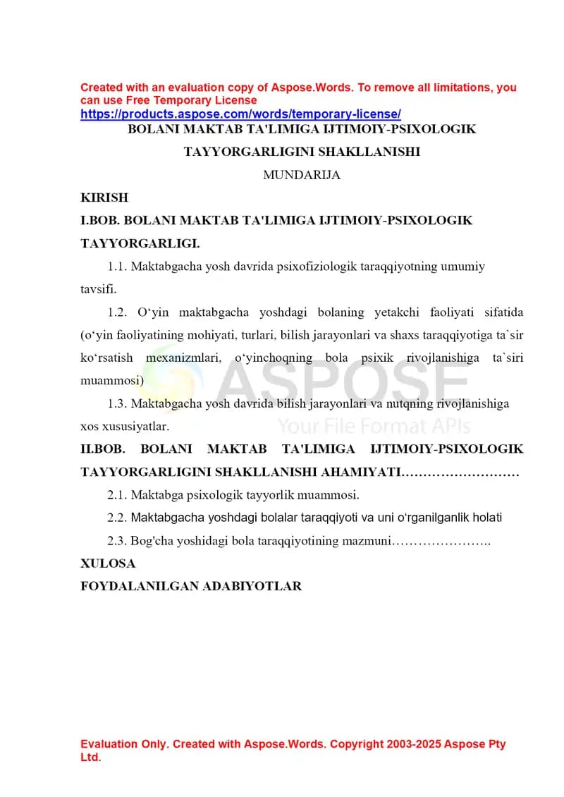 Bolani maktab ta’limiga ijtimoiy-psixologik tayyorgarligini shakllanishi