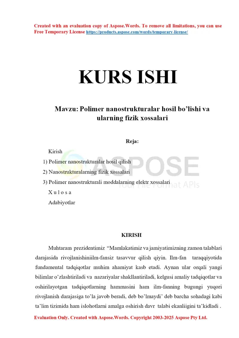 Kurs ishi – “Polimer nanostrukturalar hosil bo’lishi va ularning fizik xossalari”