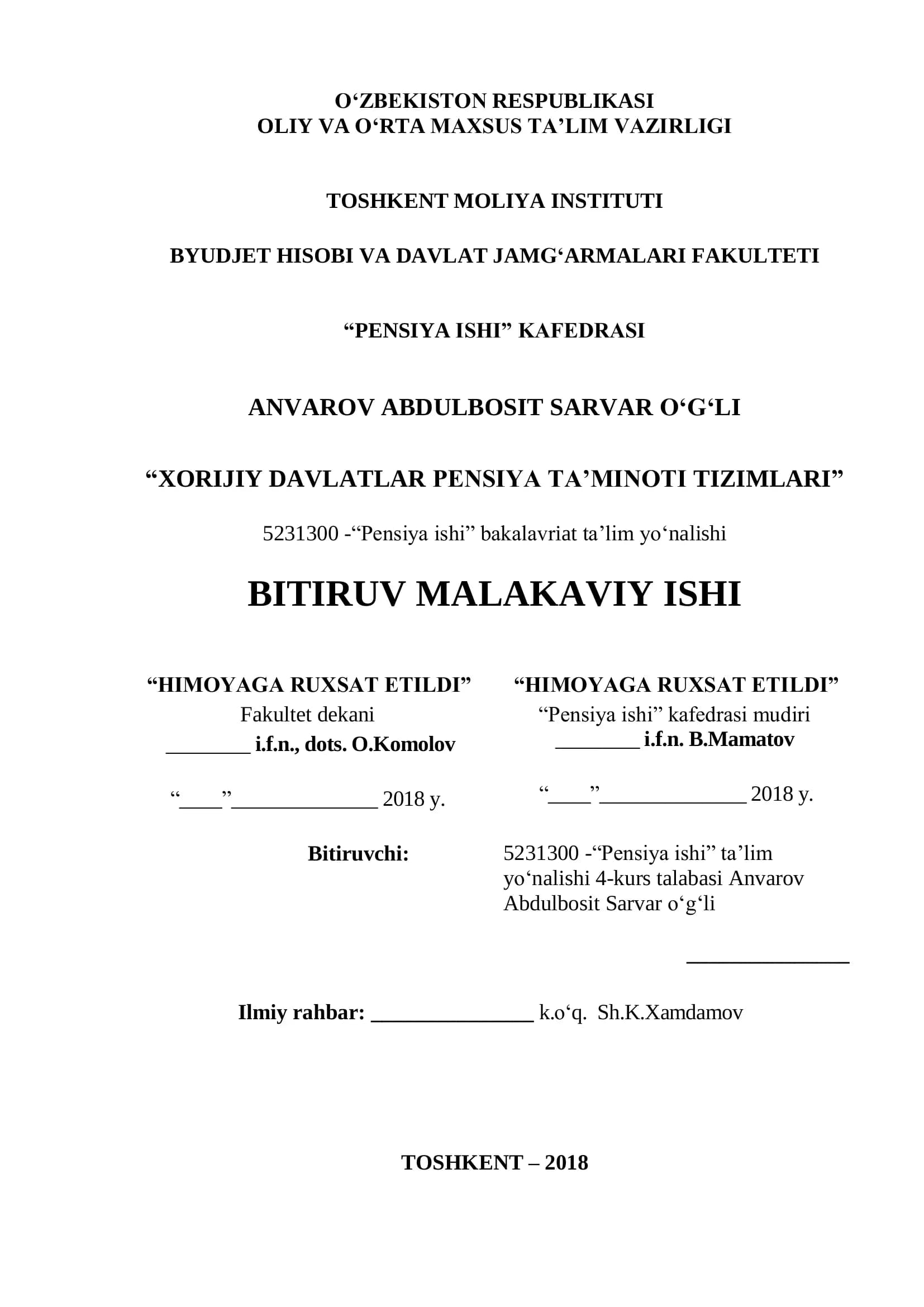 XORIJIY DAVLATLAR PENSIYA TA’MINOTI TIZIMLARI