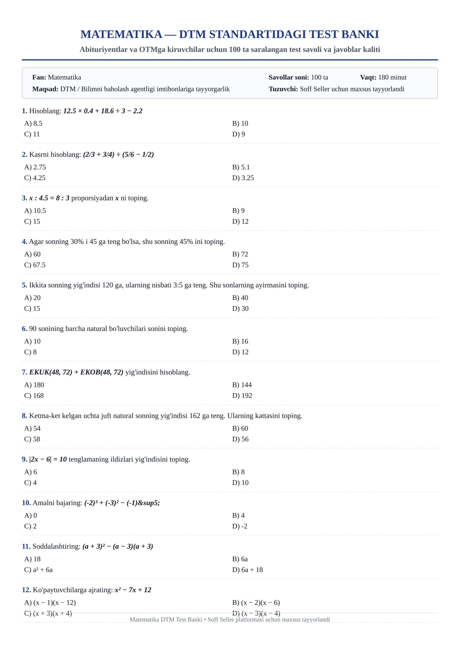 MATEMATIKA — DTM STANDARTIDAGI TESTlar