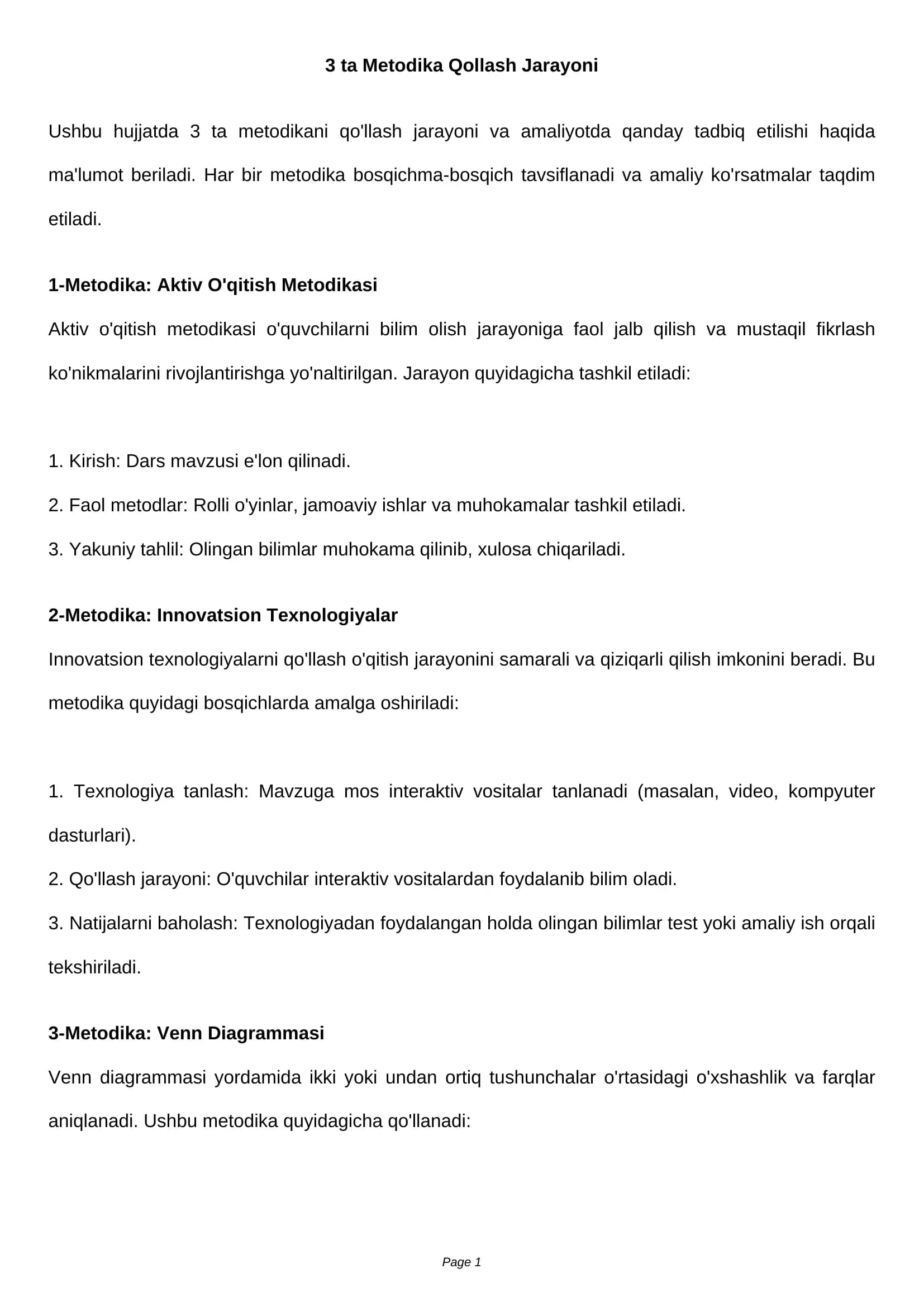 Metodika Qollash Jarayoni