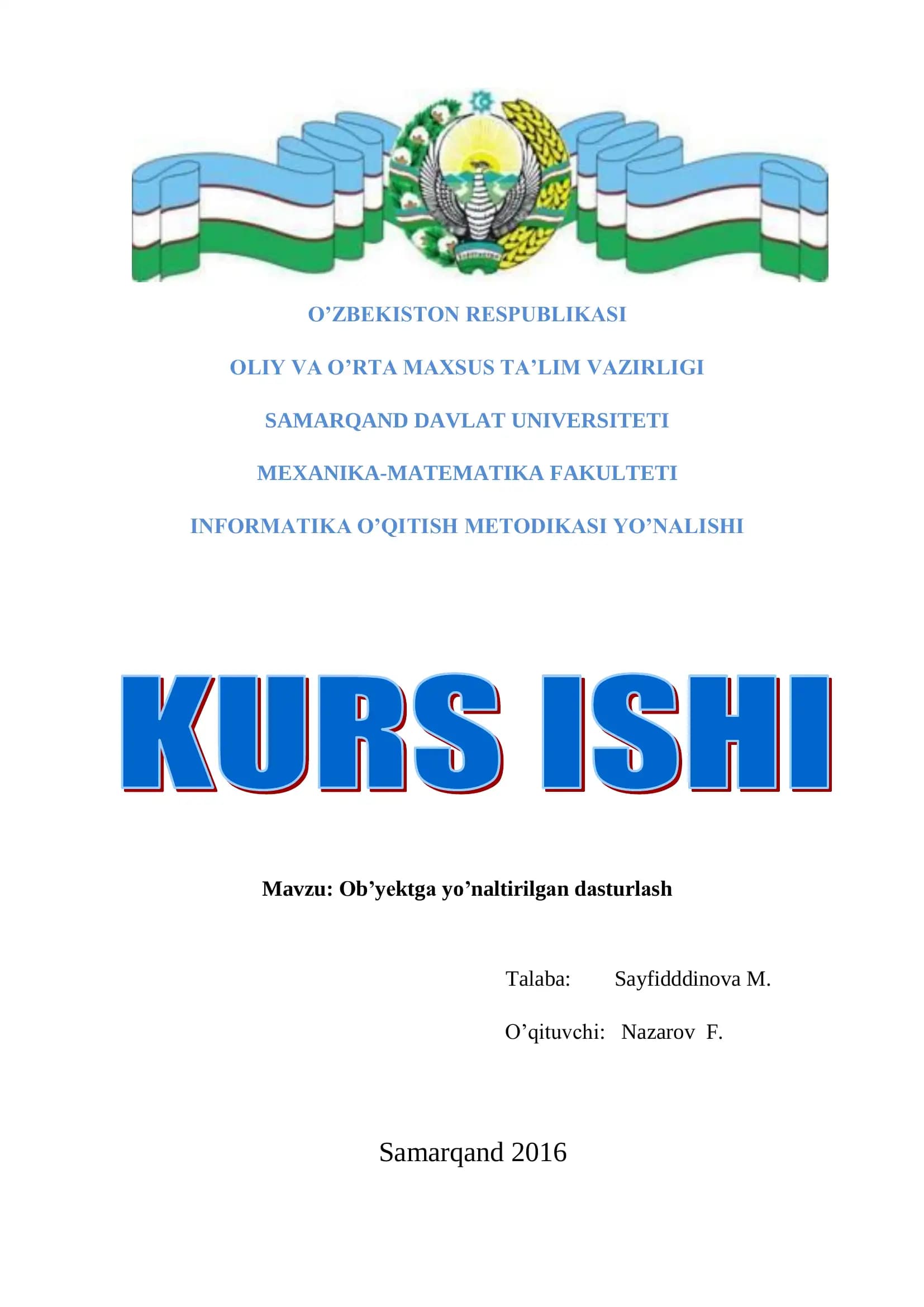 Mаvzu: Оb’yеktgа yo’nаltirilgаn dаsturlаsh