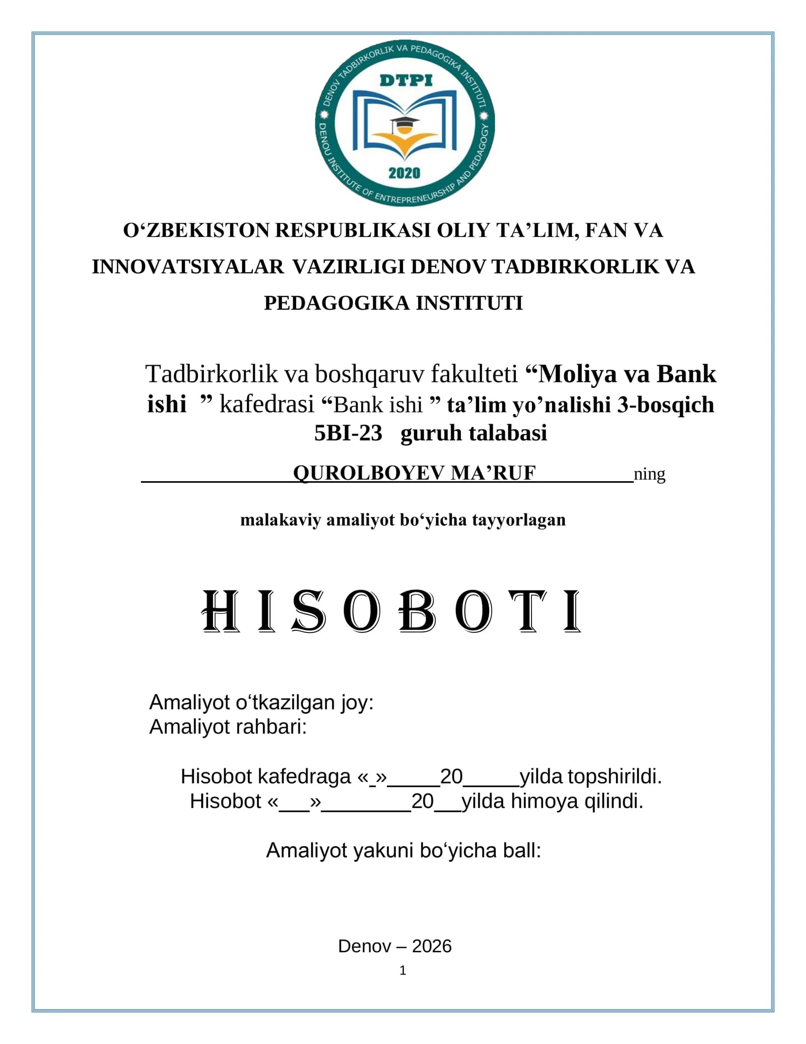 ATB "Agrobank" Xorazm Viloyati Yangibozor tuman filialining Talabaning Malakaviy Amaliyoti