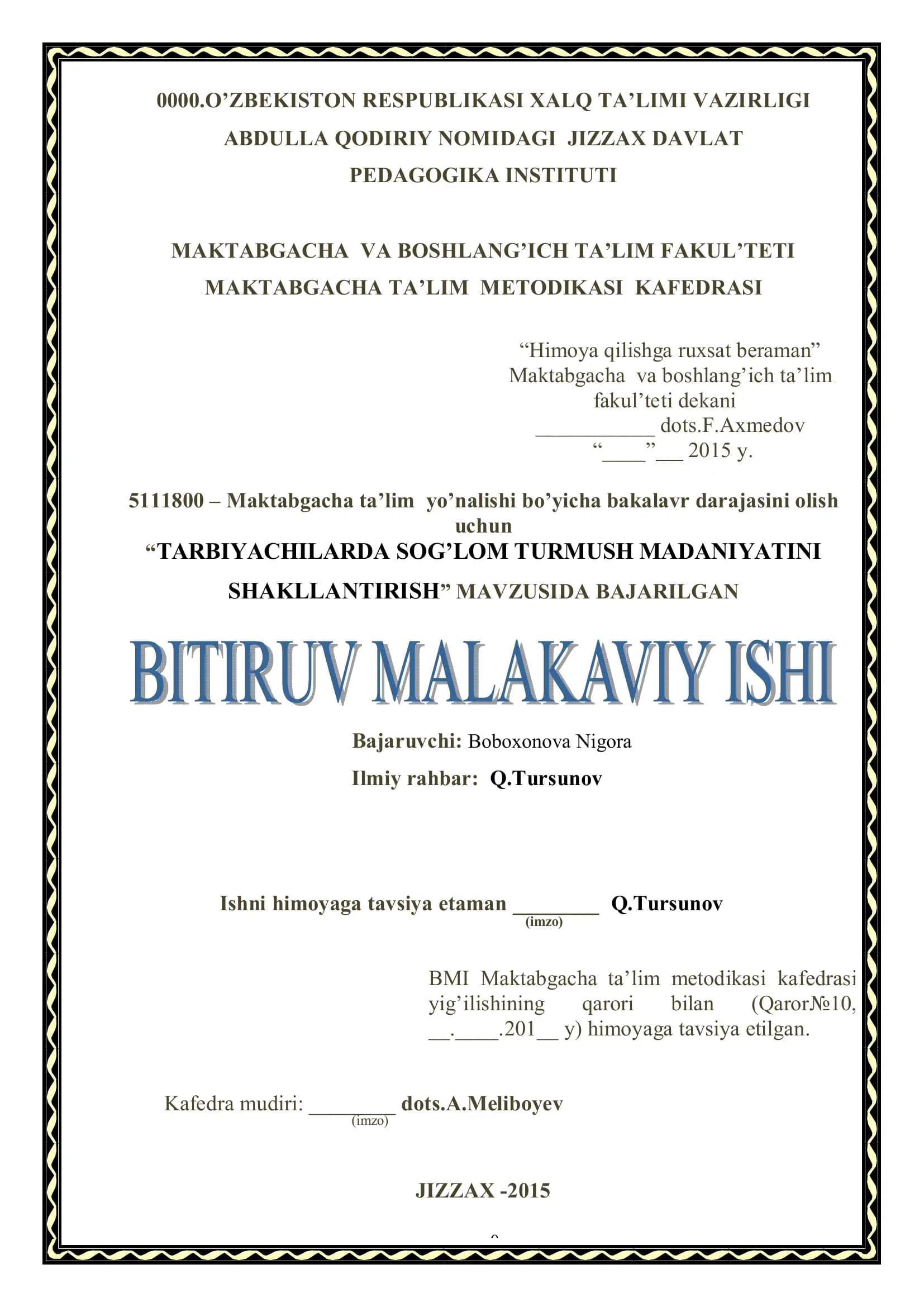 TARBIYACHILARDA SOG’LOM TURMUSH MADANIYATINI SHAKLLANTIRISH