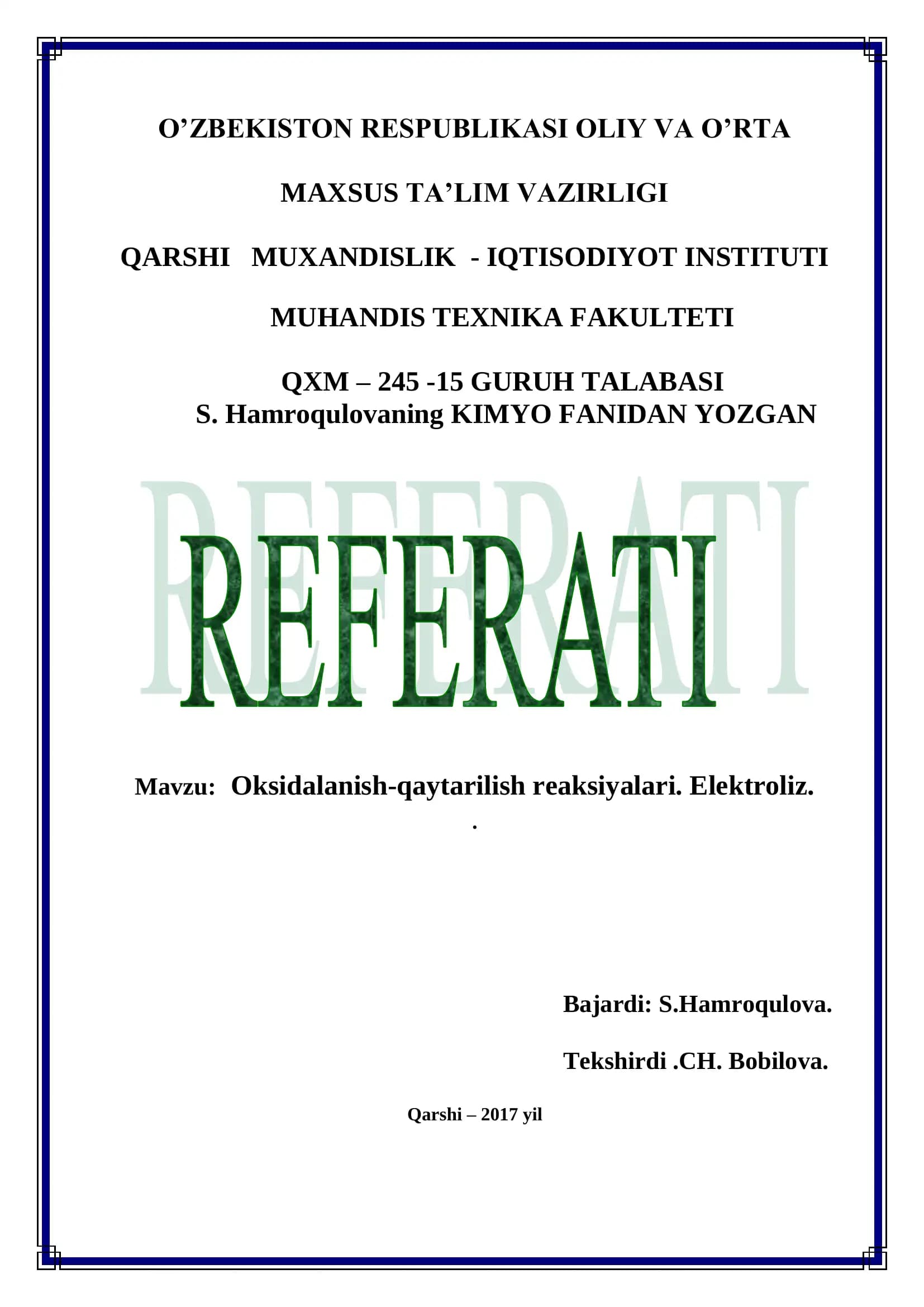Oksidalanish-qaytarilish reaksiyalari. Elektroliz