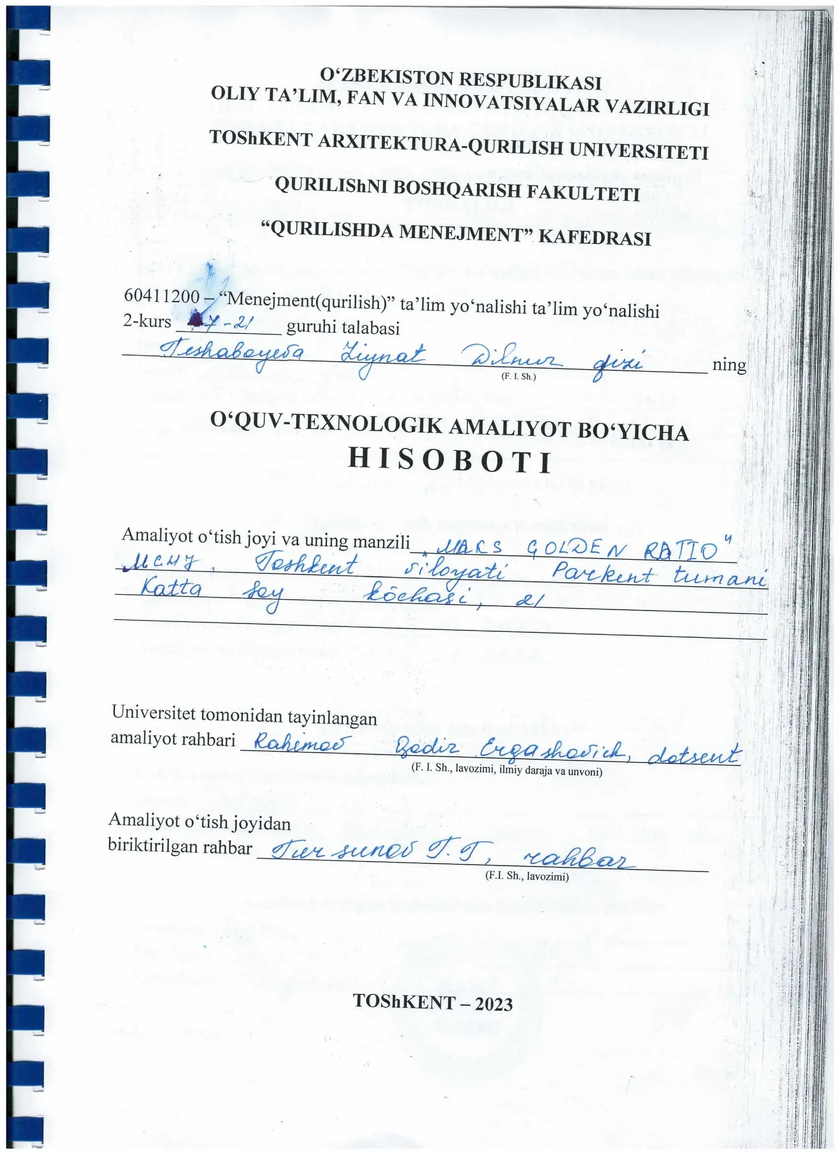 Menejment(qurilish)” ta’lim yo‘nalishi bo'yicha amaliyot hisoboti