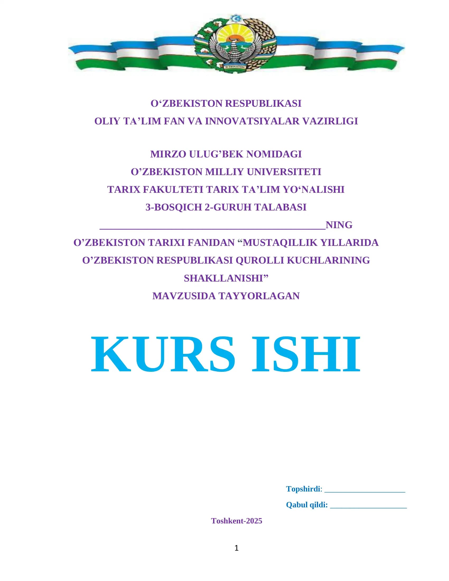 MUSTAQILLIK YILLARIDA O’ZBEKISTON RESPUBLIKASI QUROLLI KUCHLARINING SHAKLLANISHI