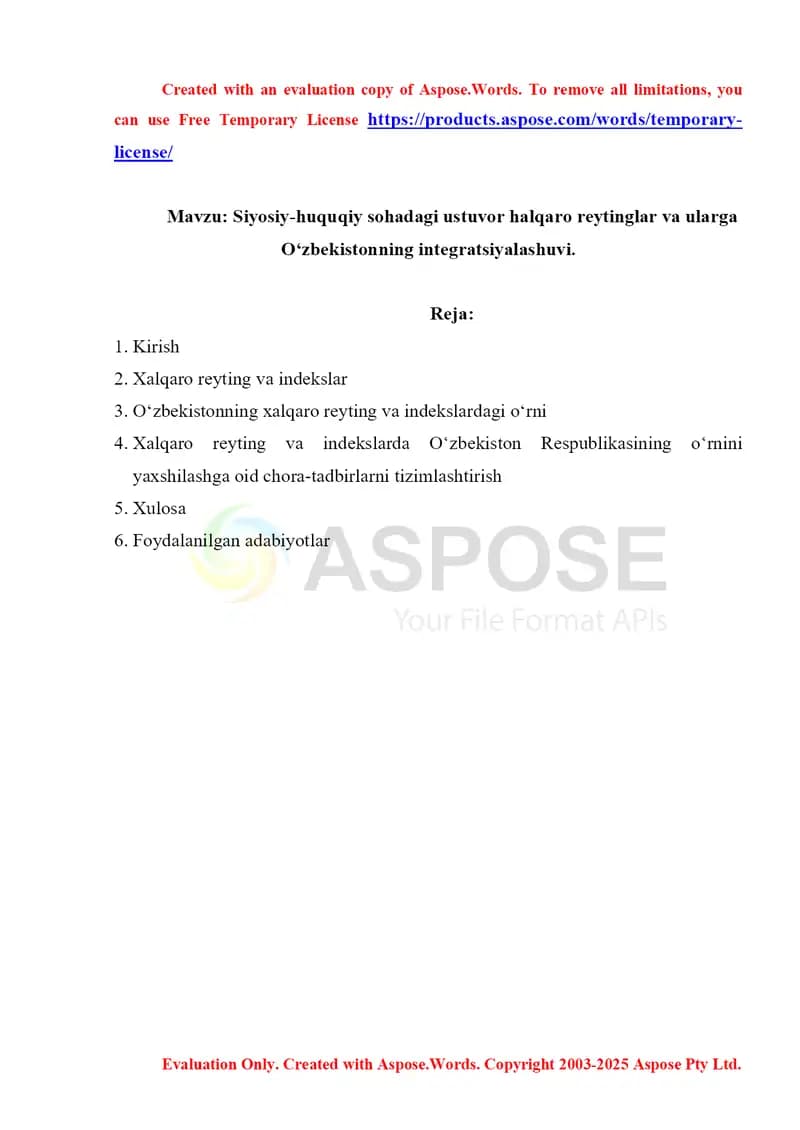 Siyosiy-huquqiy sohadagi ustuvor halqaro reytinglar va ularga O‘zbekistonning integratsiyalashuvi.