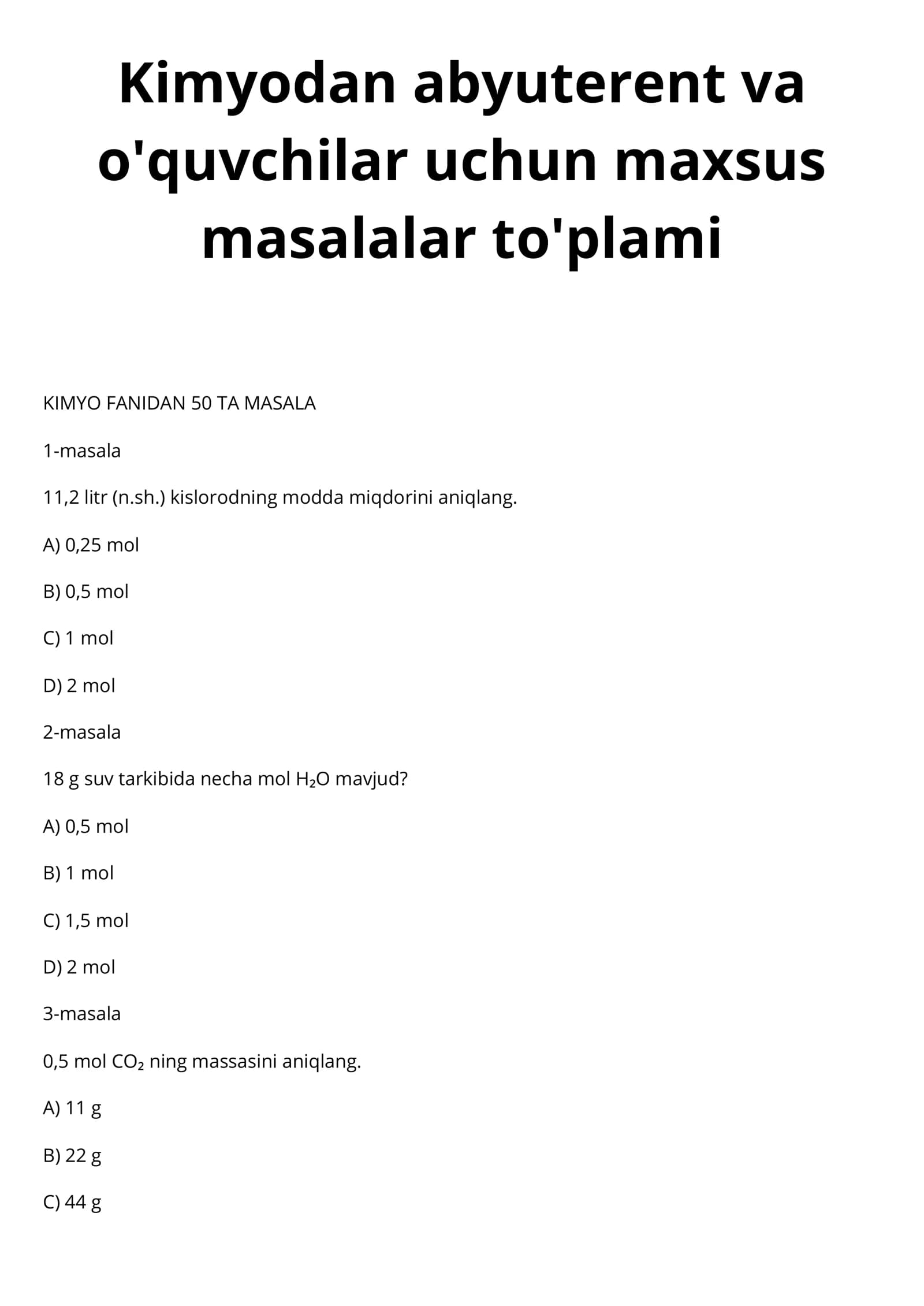 Kimyodan abyuterent va o'quvchilar uchun maxsus masalalar to'plami