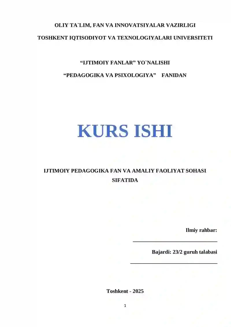 Ijtimoiy Pedagogika Fan va Amaliy Faoliyat Kurs Ishi