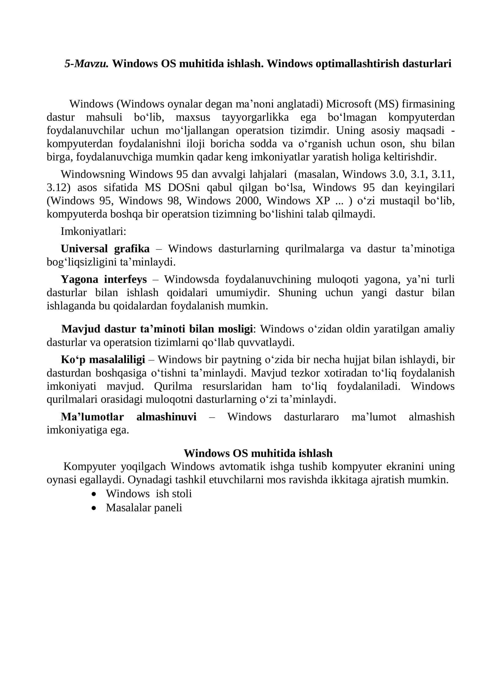 Windows OS muhitida ishlash. Windows optimallashtirish dasturlari