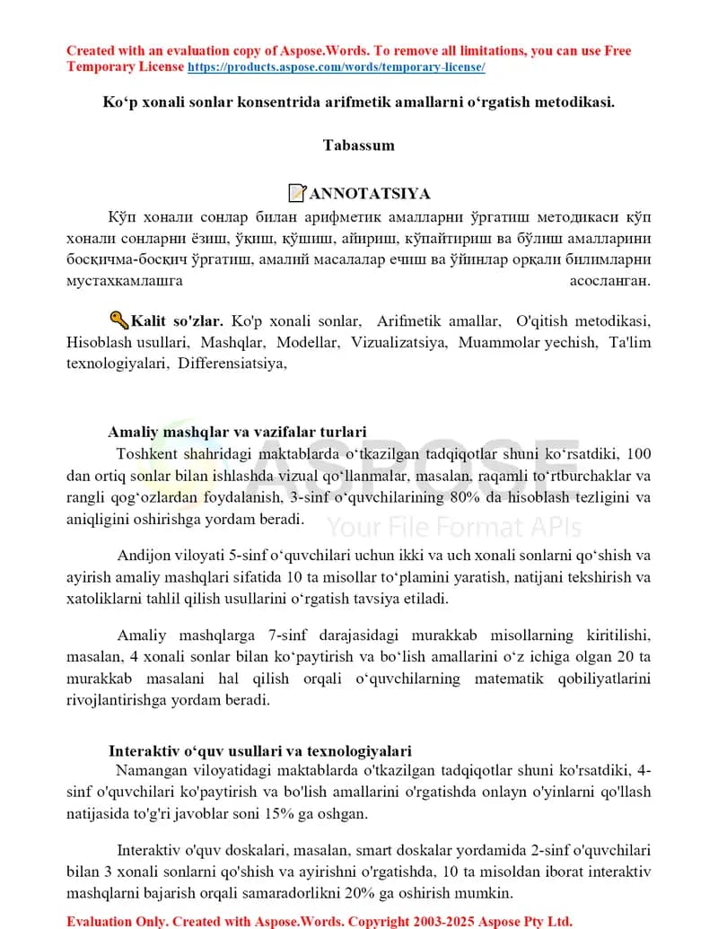 Ko‘p xonali sonlar konsentrida arifmetik amallarni o‘rgatish metodikasi